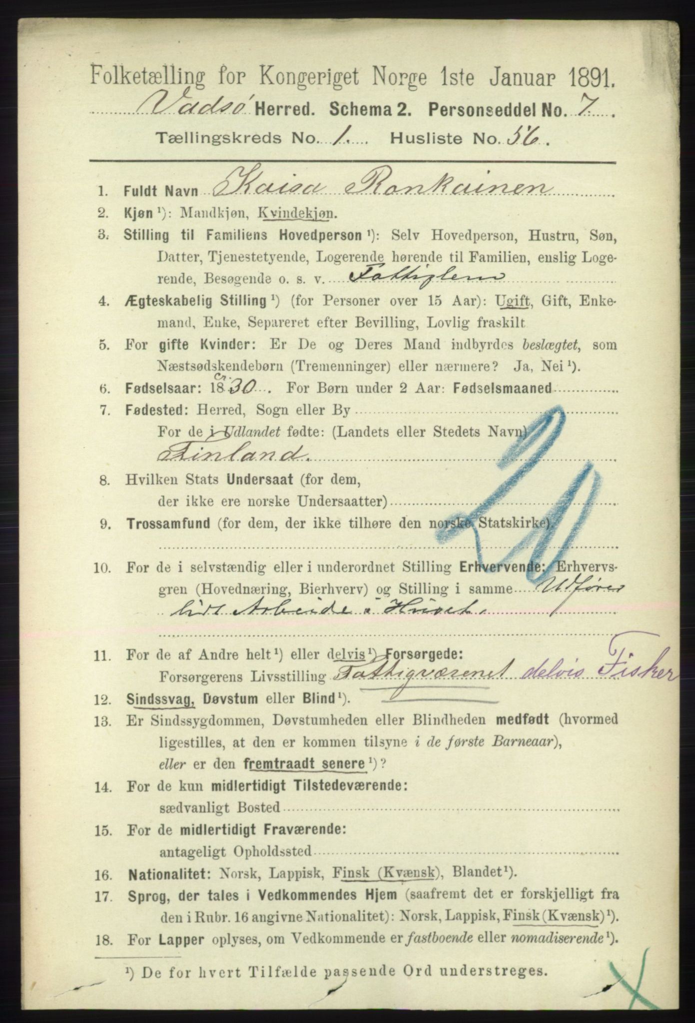 RA, 1891 census for 2029 Vadsø, 1891, p. 394