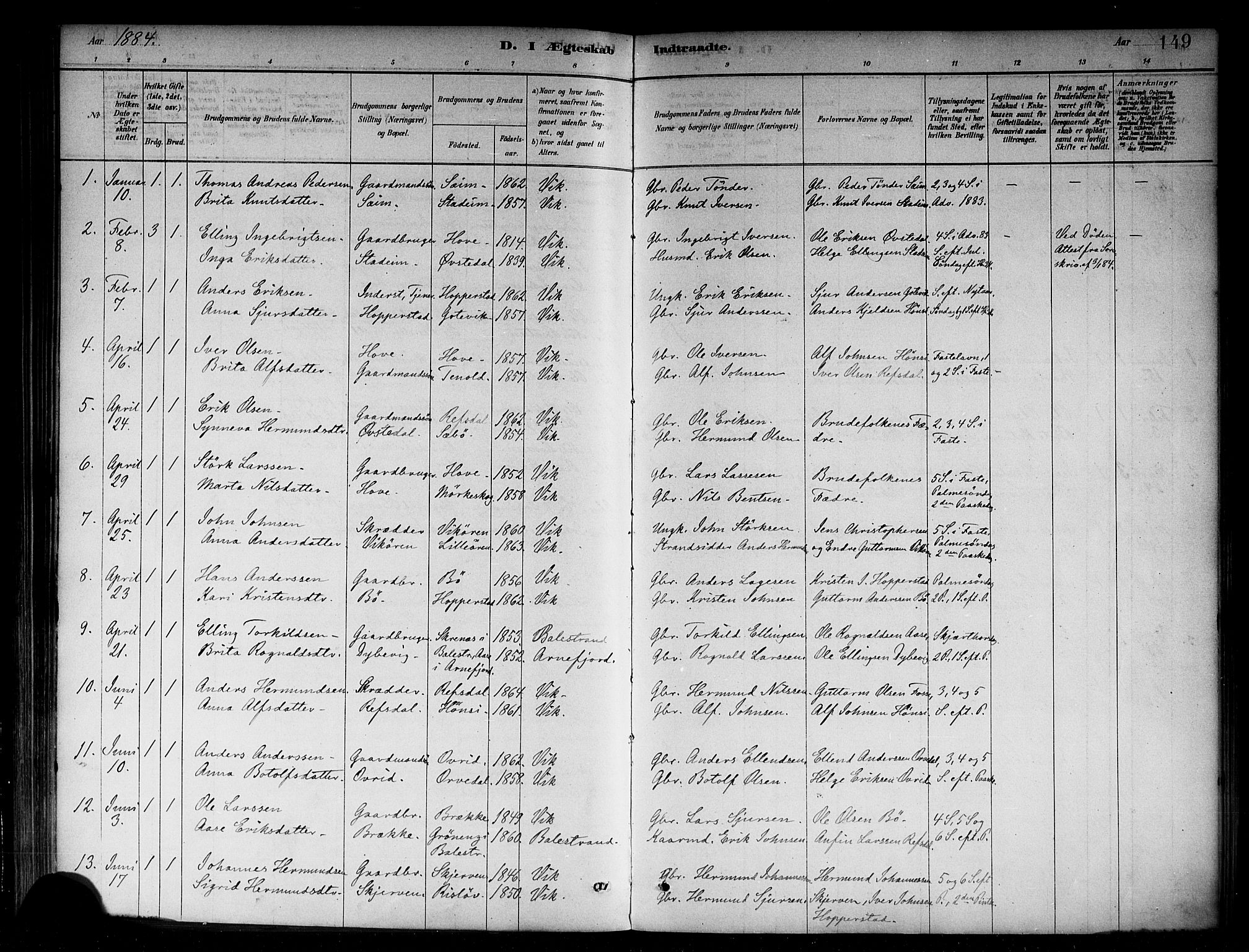 Vik sokneprestembete, AV/SAB-A-81501/H/Haa/Haab/L0001: Parish register (official) no. B 1, 1878-1890, p. 149