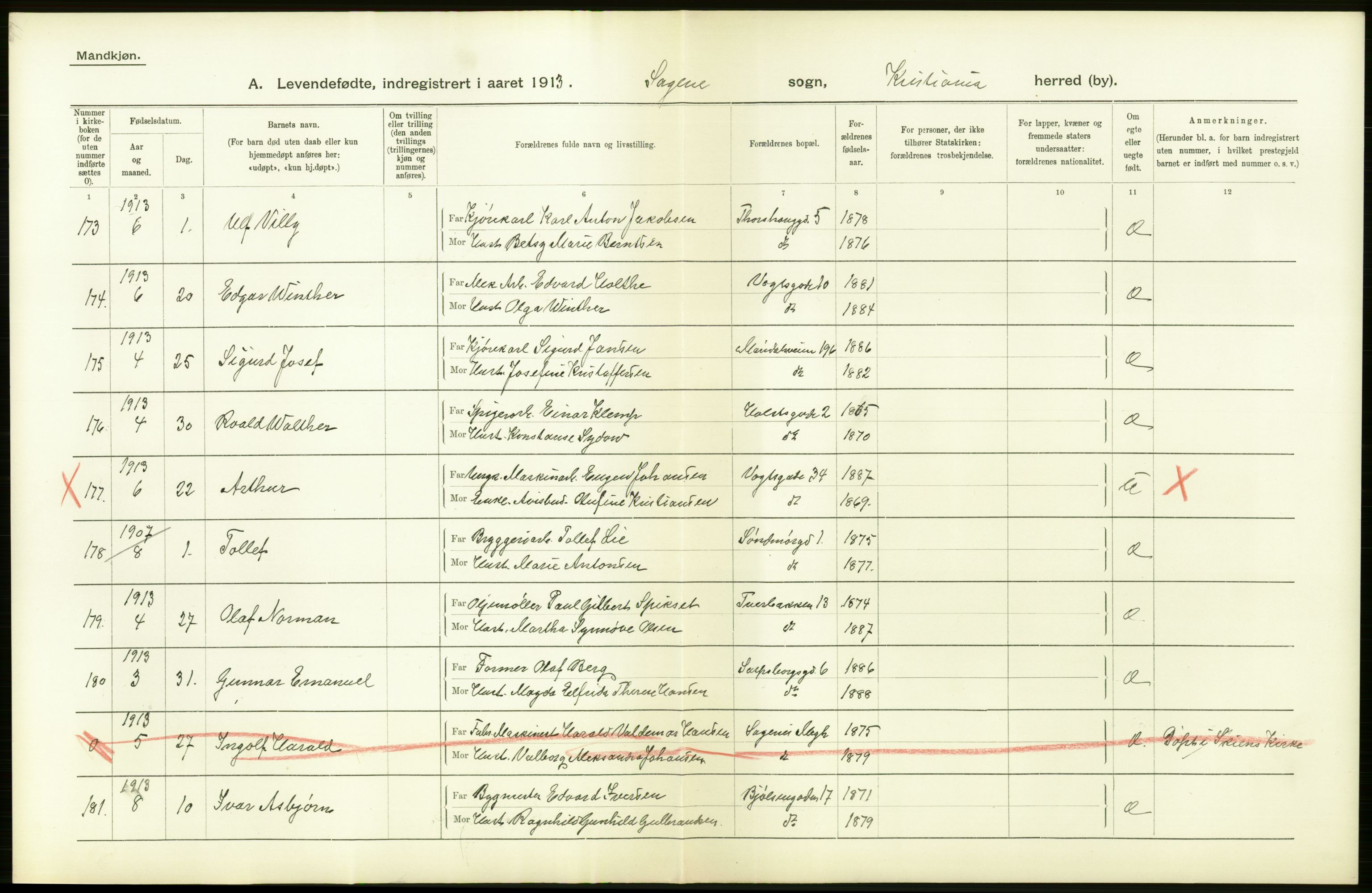 Statistisk sentralbyrå, Sosiodemografiske emner, Befolkning, AV/RA-S-2228/D/Df/Dfb/Dfbc/L0006: Kristiania: Levendefødte menn og kvinner., 1913, p. 24