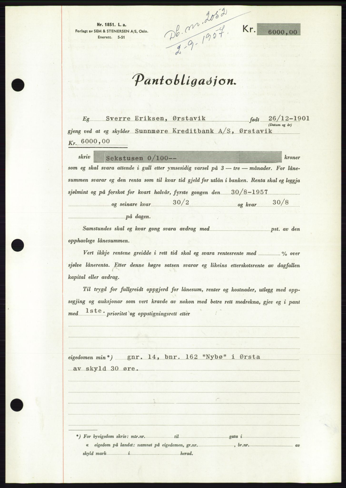 Søre Sunnmøre sorenskriveri, AV/SAT-A-4122/1/2/2C/L0130: Mortgage book no. 18B, 1957-1958, Diary no: : 2052/1957