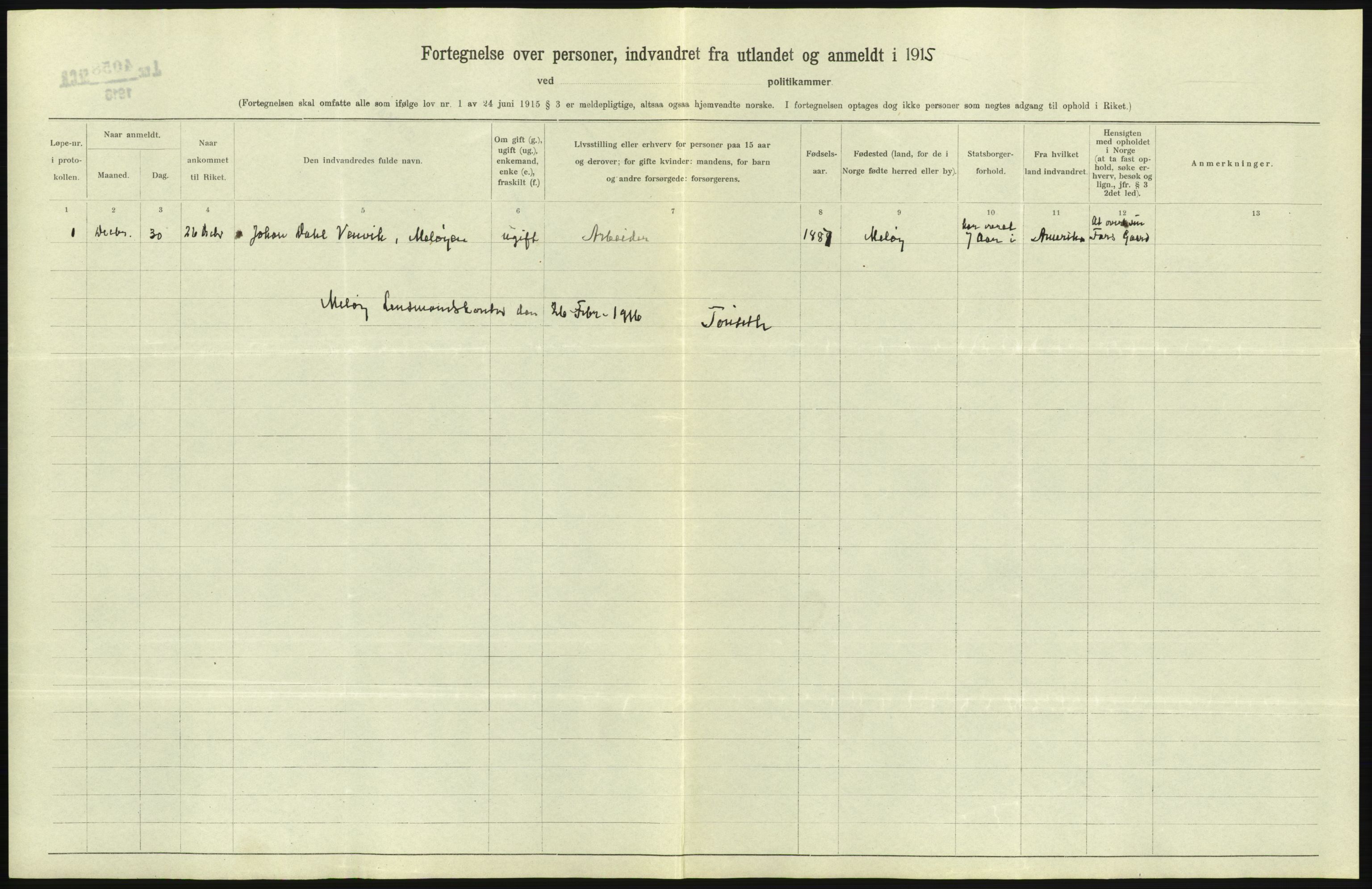 Statistisk sentralbyrå, Sosioøkonomiske emner, Folketellinger, boliger og boforhold, AV/RA-S-2231/F/Fa/L0001: Innvandring. Navn/fylkesvis, 1915, p. 544