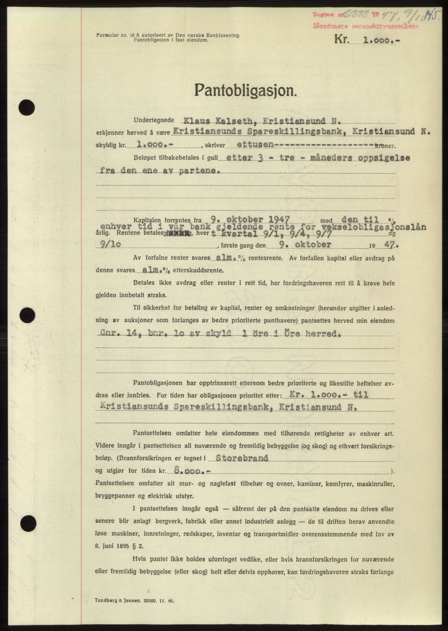 Nordmøre sorenskriveri, AV/SAT-A-4132/1/2/2Ca: Mortgage book no. B97, 1947-1948, Diary no: : 2333/1947