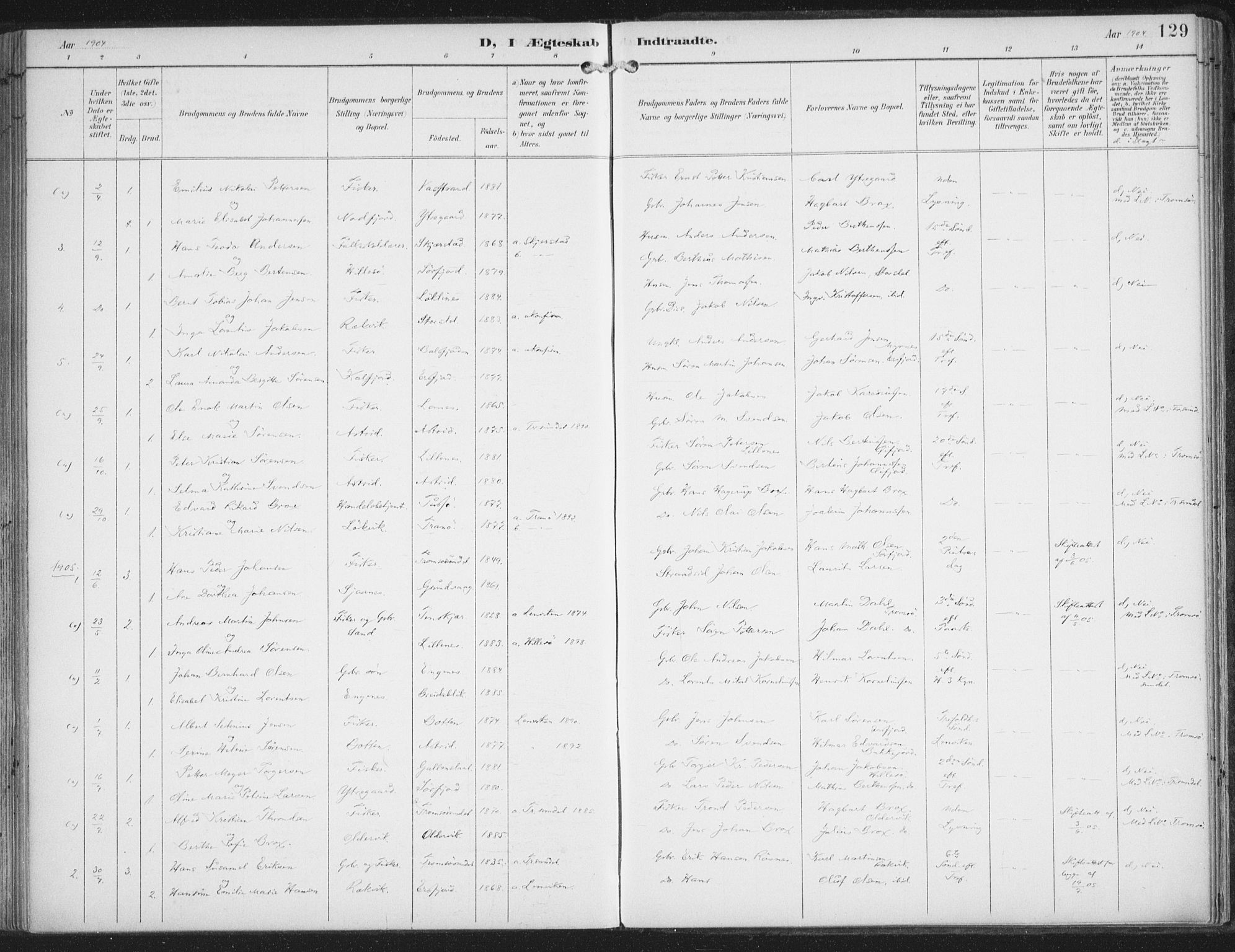 Lenvik sokneprestembete, AV/SATØ-S-1310/H/Ha/Haa/L0015kirke: Parish register (official) no. 15, 1896-1915, p. 129