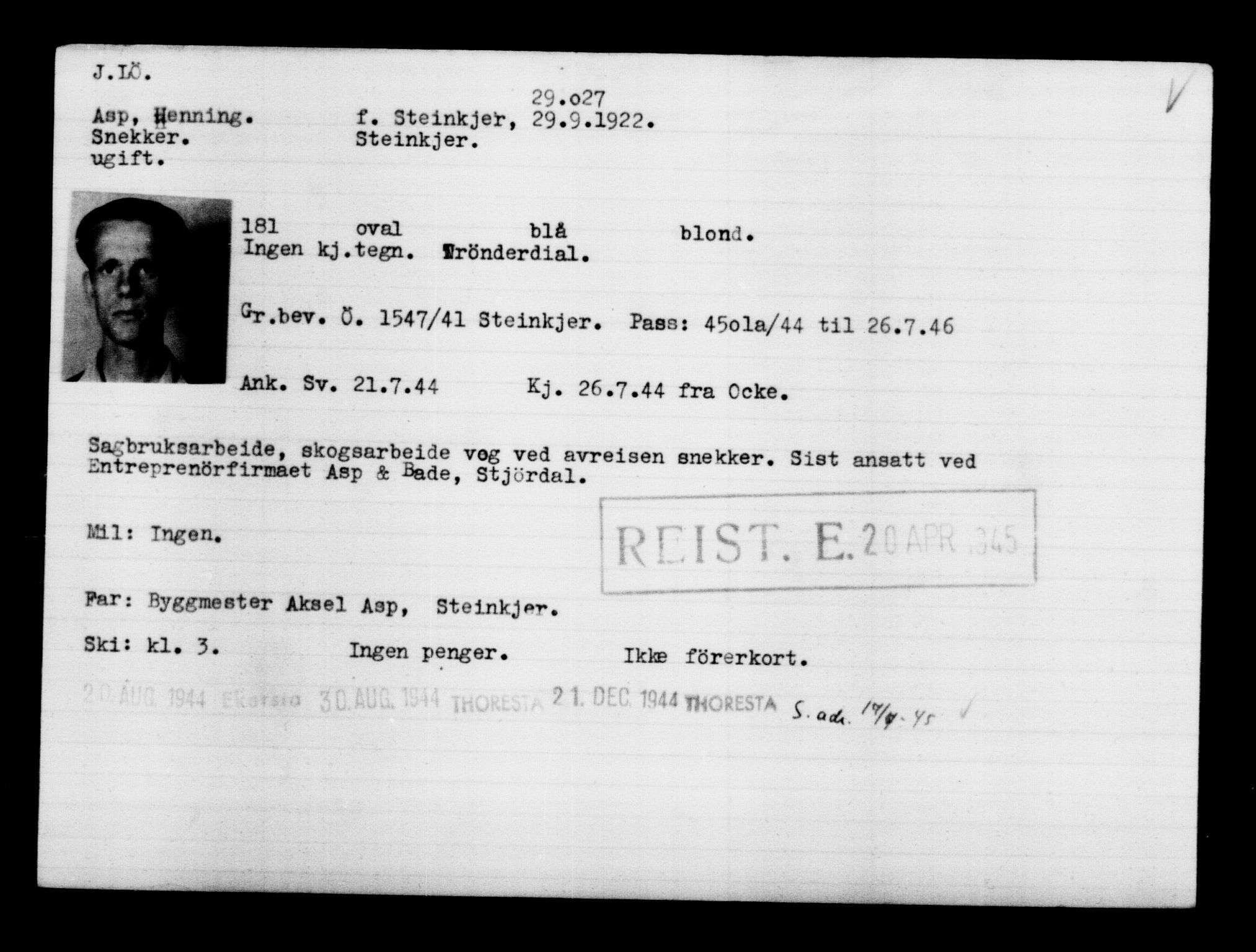 Utenriksstasjonene, Legasjonen i Stockholm, Flyktningkontoret, AV/RA-S-6753/V/Va/L0012: Kjesäterkartoteket, flyktninger med registreringsnr. 28300-31566, 1940-1945, p. 780