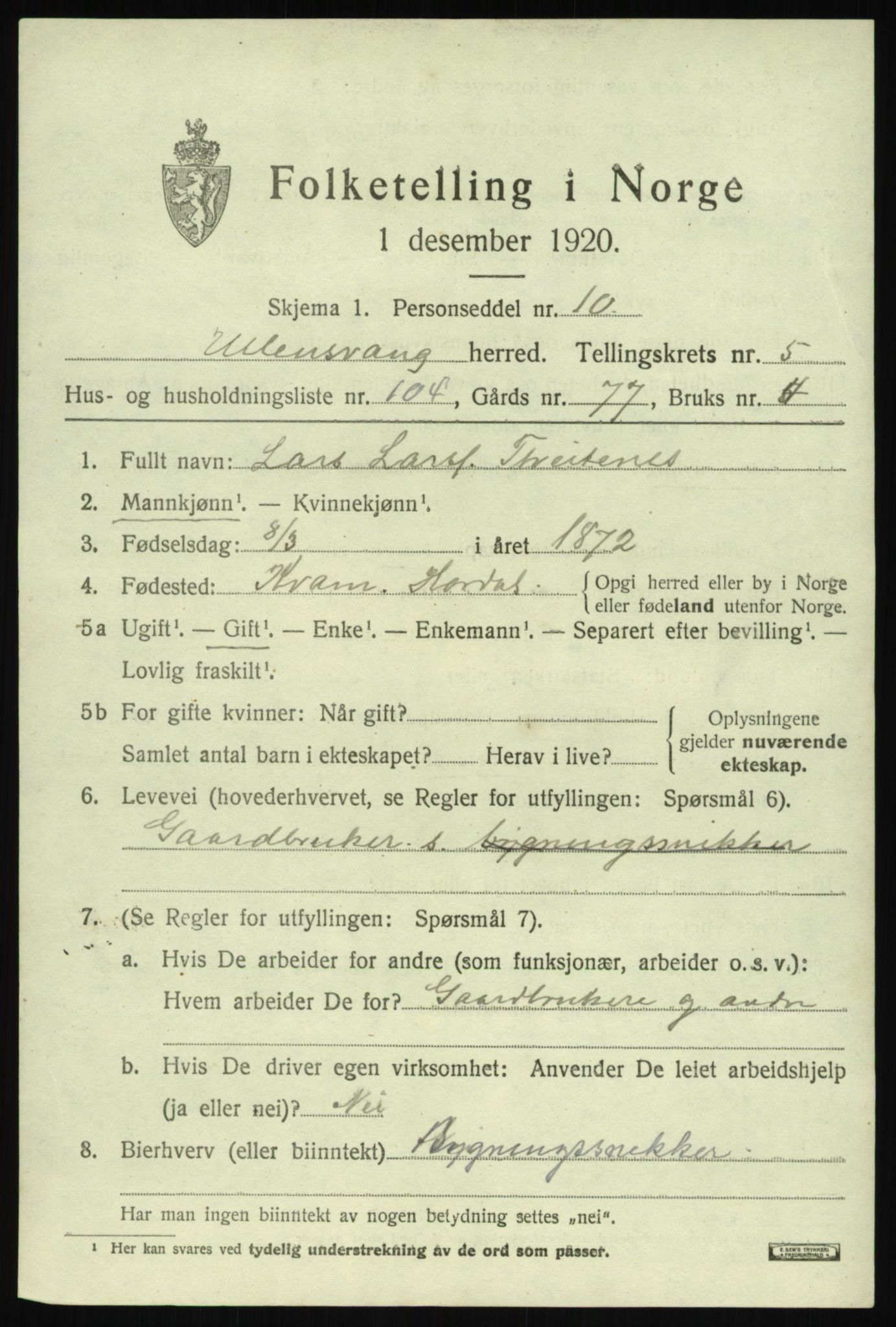 SAB, 1920 census for Ullensvang, 1920, p. 3592