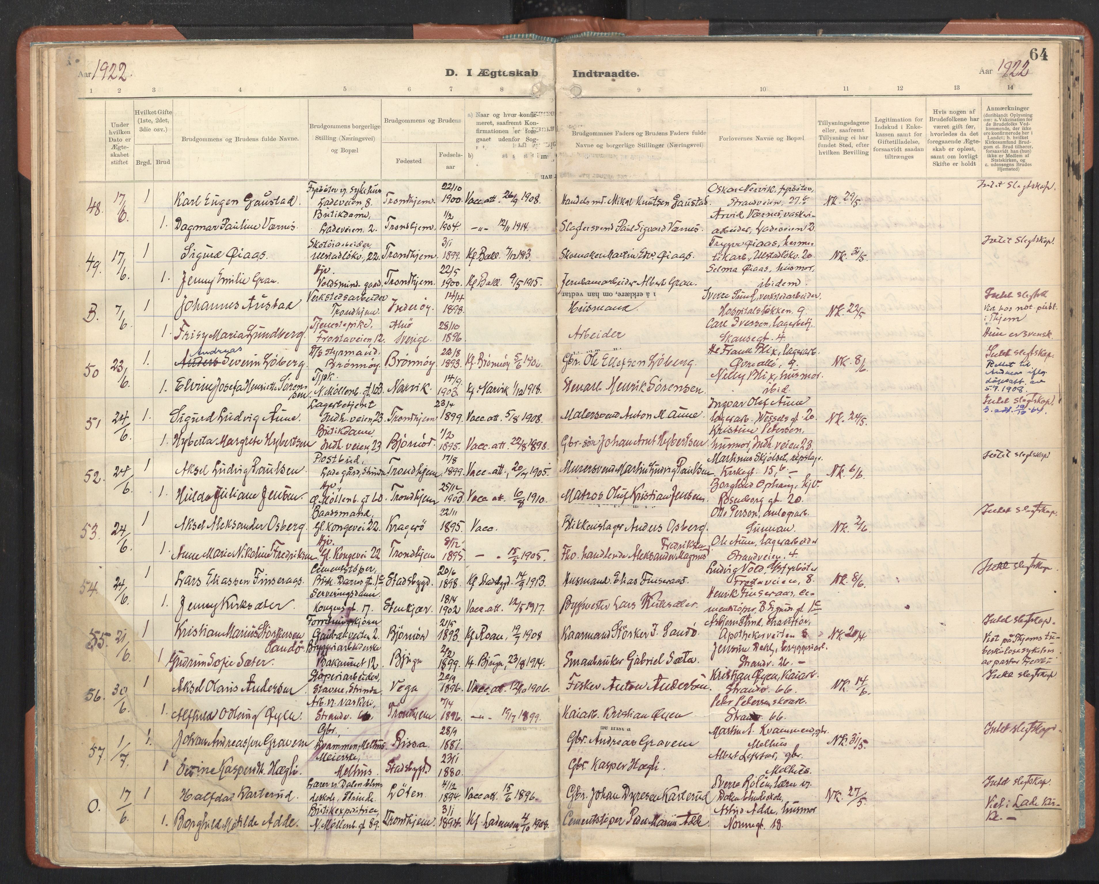 Ministerialprotokoller, klokkerbøker og fødselsregistre - Sør-Trøndelag, AV/SAT-A-1456/605/L0245: Parish register (official) no. 605A07, 1916-1938, p. 64