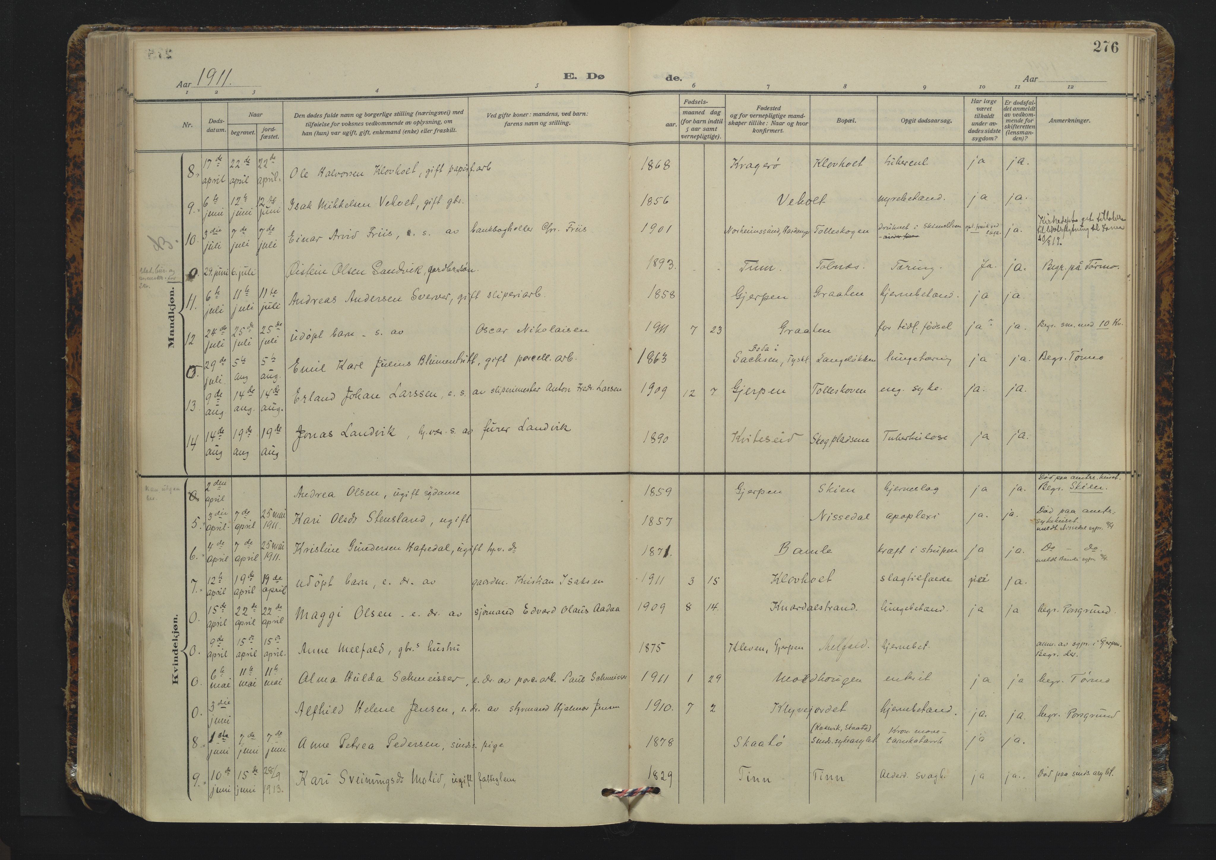 Solum kirkebøker, AV/SAKO-A-306/F/Fa/L0012: Parish register (official) no. I 12, 1909-1922, p. 276