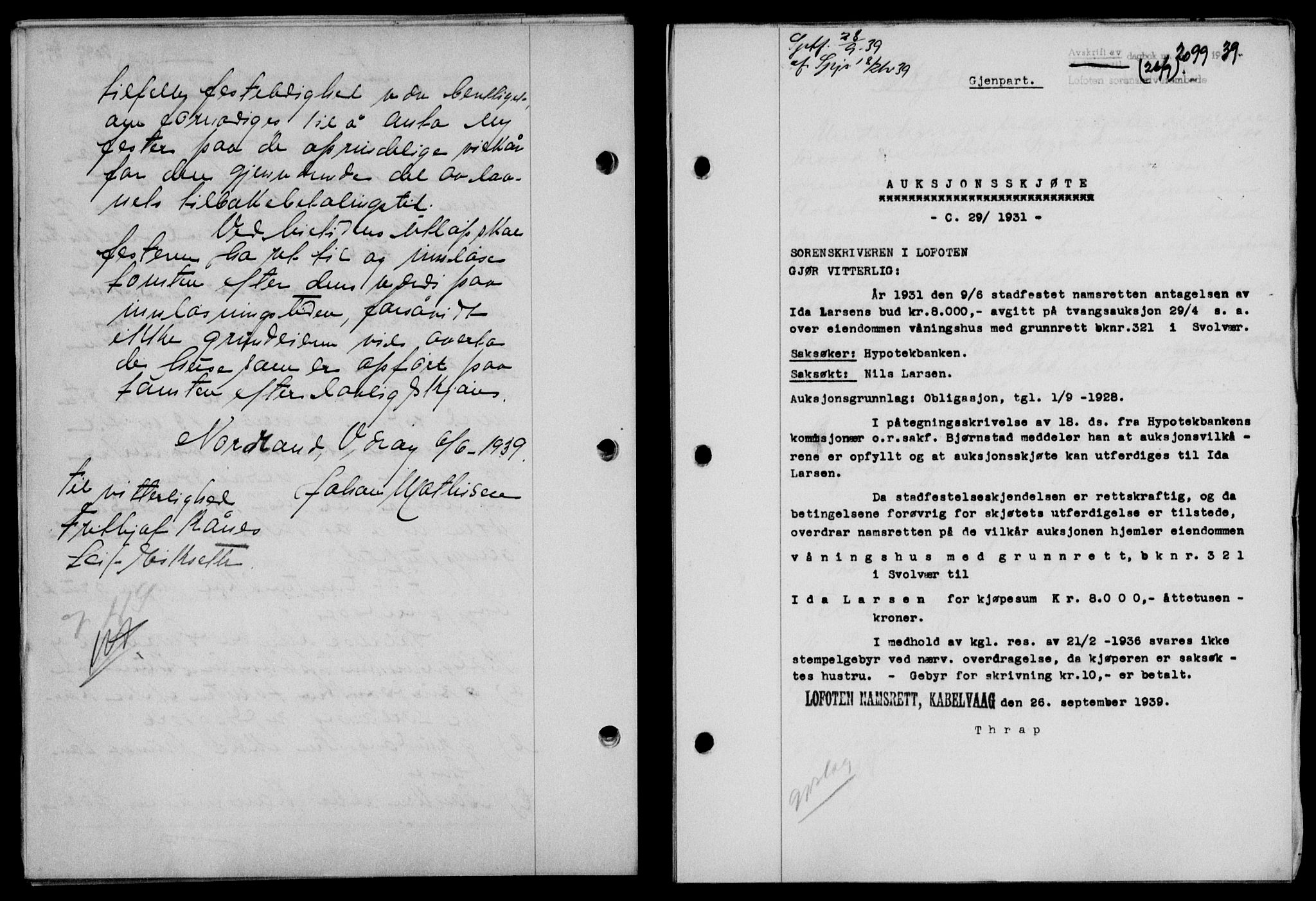 Lofoten sorenskriveri, SAT/A-0017/1/2/2C/L0006a: Mortgage book no. 6a, 1939-1939, Diary no: : 2099/1939