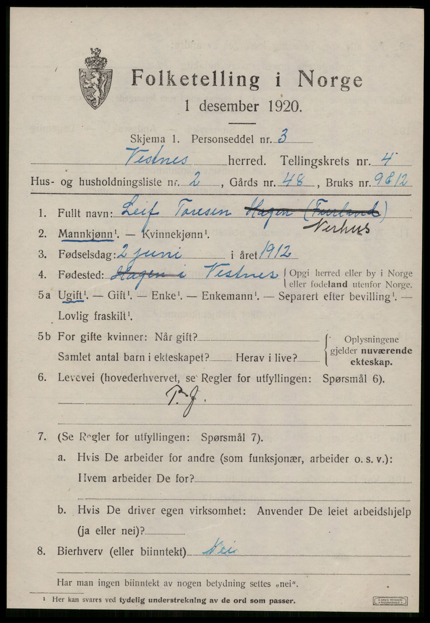 SAT, 1920 census for Vestnes, 1920, p. 3419