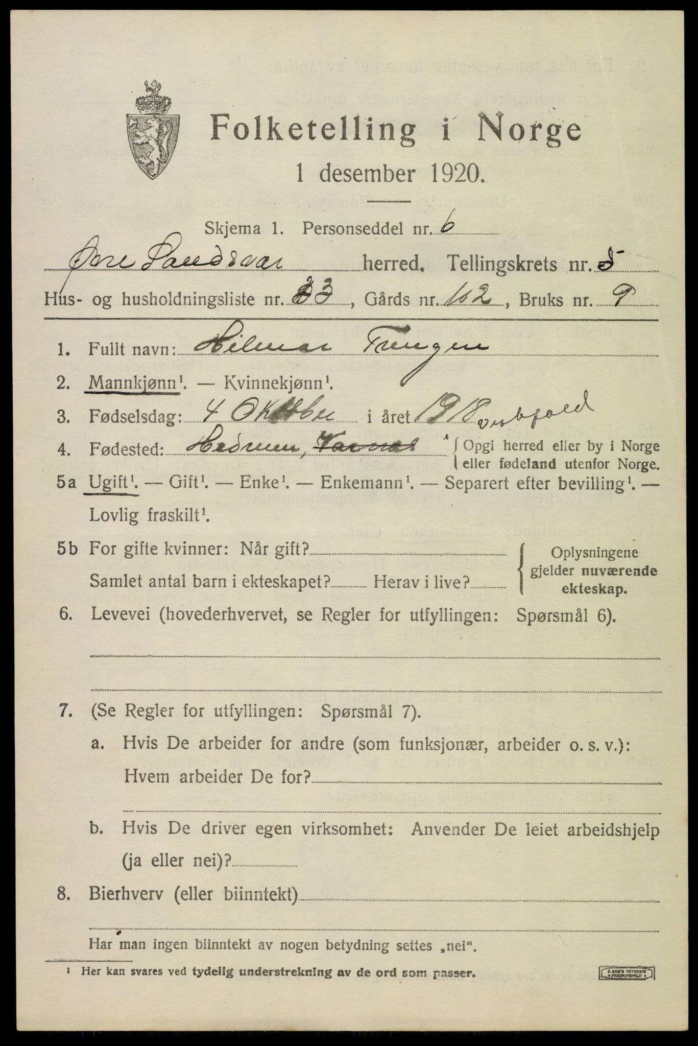 SAKO, 1920 census for Øvre Sandsvær, 1920, p. 3174