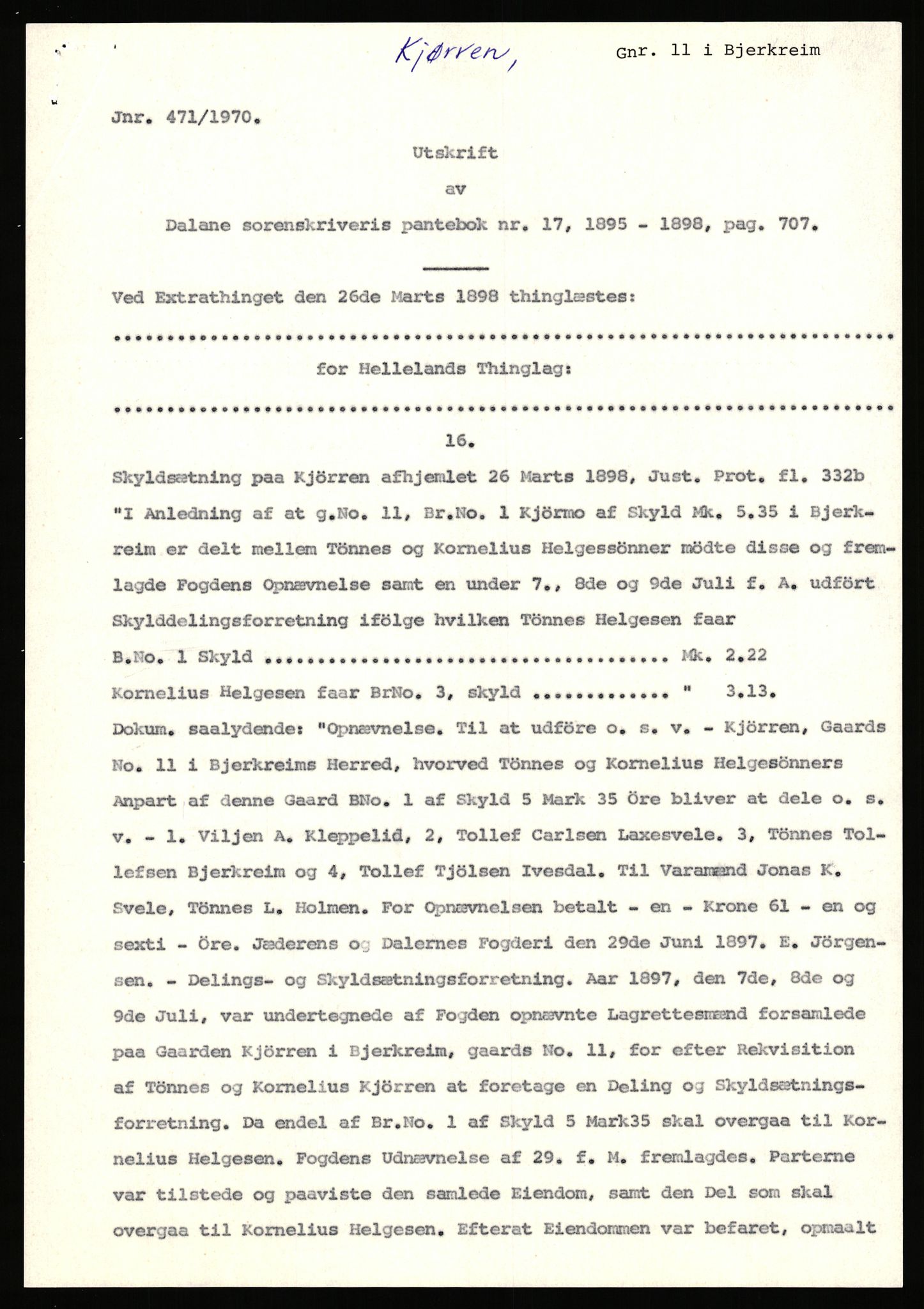 Statsarkivet i Stavanger, SAST/A-101971/03/Y/Yj/L0047: Avskrifter sortert etter gårdsnavn: Kirketeigen - Klovning, 1750-1930, p. 235