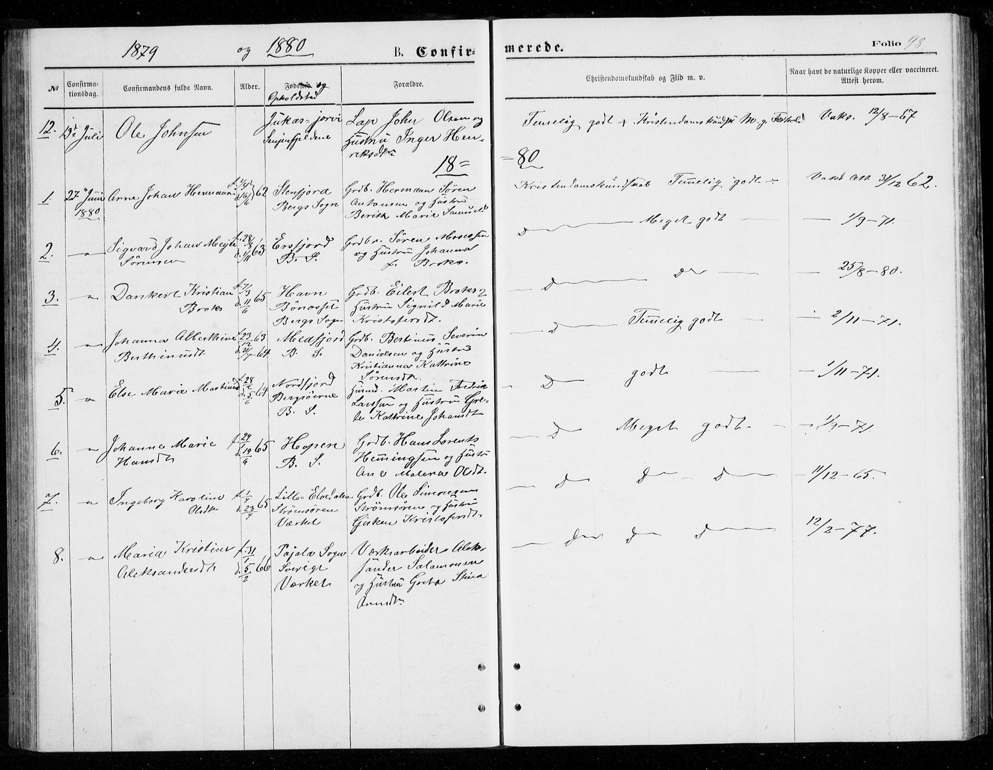 Berg sokneprestkontor, SATØ/S-1318/G/Ga/Gab/L0003klokker: Parish register (copy) no. 3, 1874-1886, p. 98