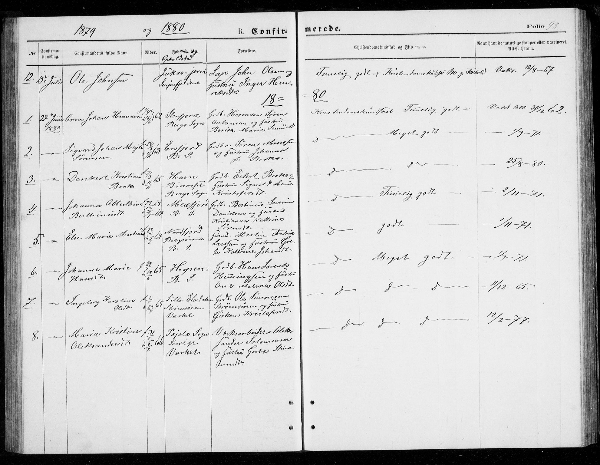 Berg sokneprestkontor, AV/SATØ-S-1318/G/Ga/Gab/L0003klokker: Parish register (copy) no. 3, 1874-1886, p. 98