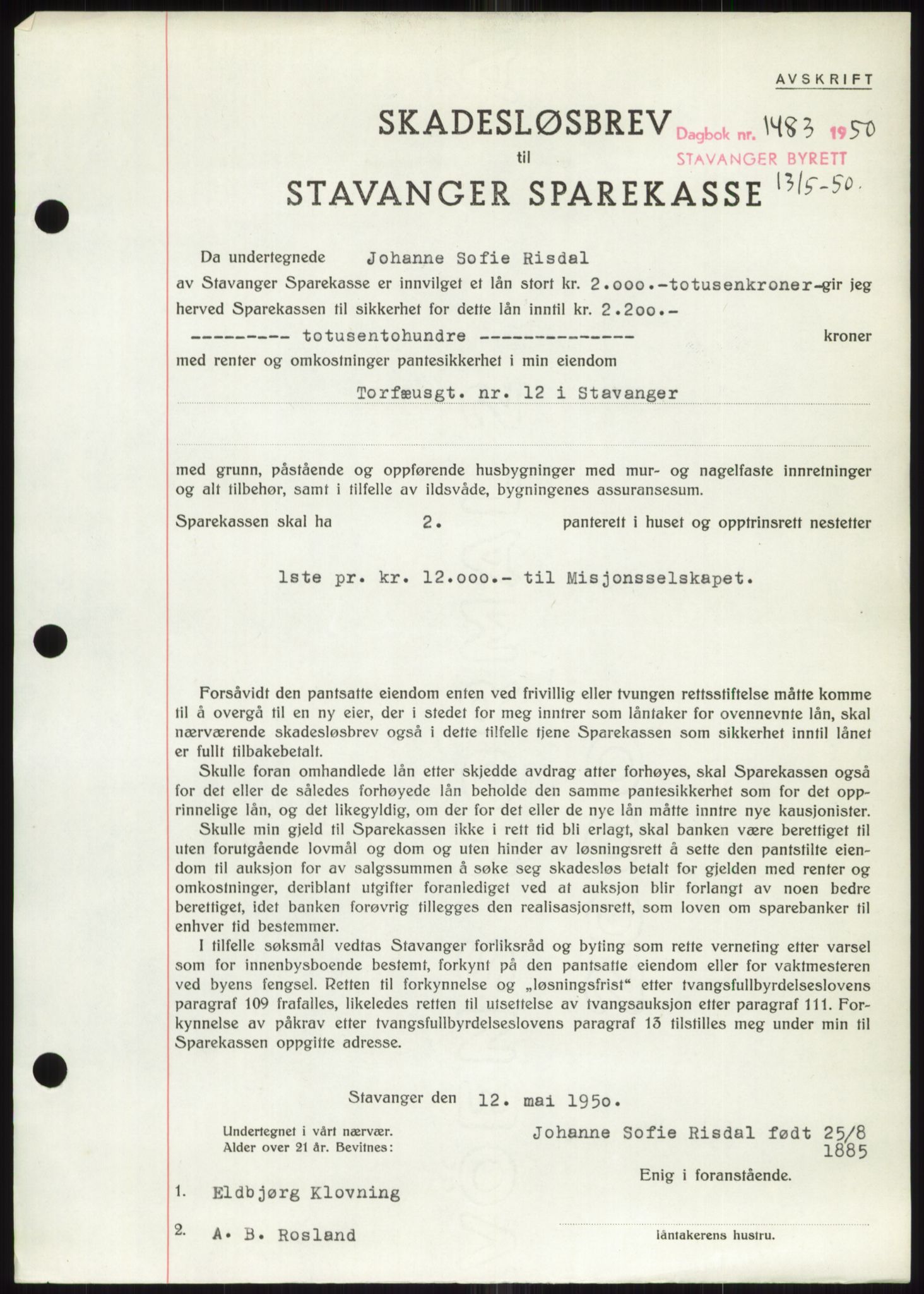 Stavanger byrett, SAST/A-100455/002/G/Gb/L0032: Mortgage book, 1947-1950, Diary no: : 1483/1950