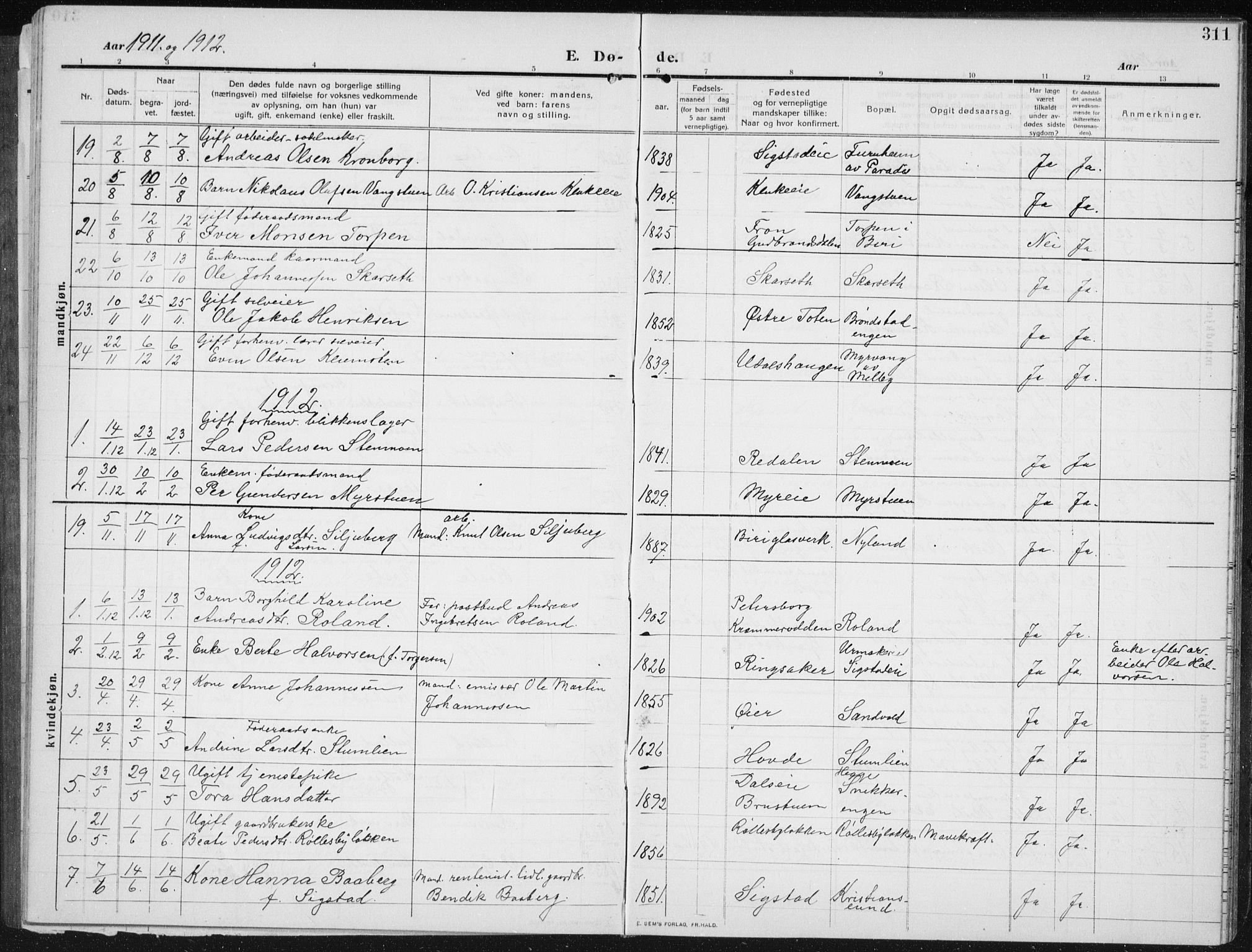 Biri prestekontor, SAH/PREST-096/H/Ha/Hab/L0006: Parish register (copy) no. 6, 1909-1938, p. 311