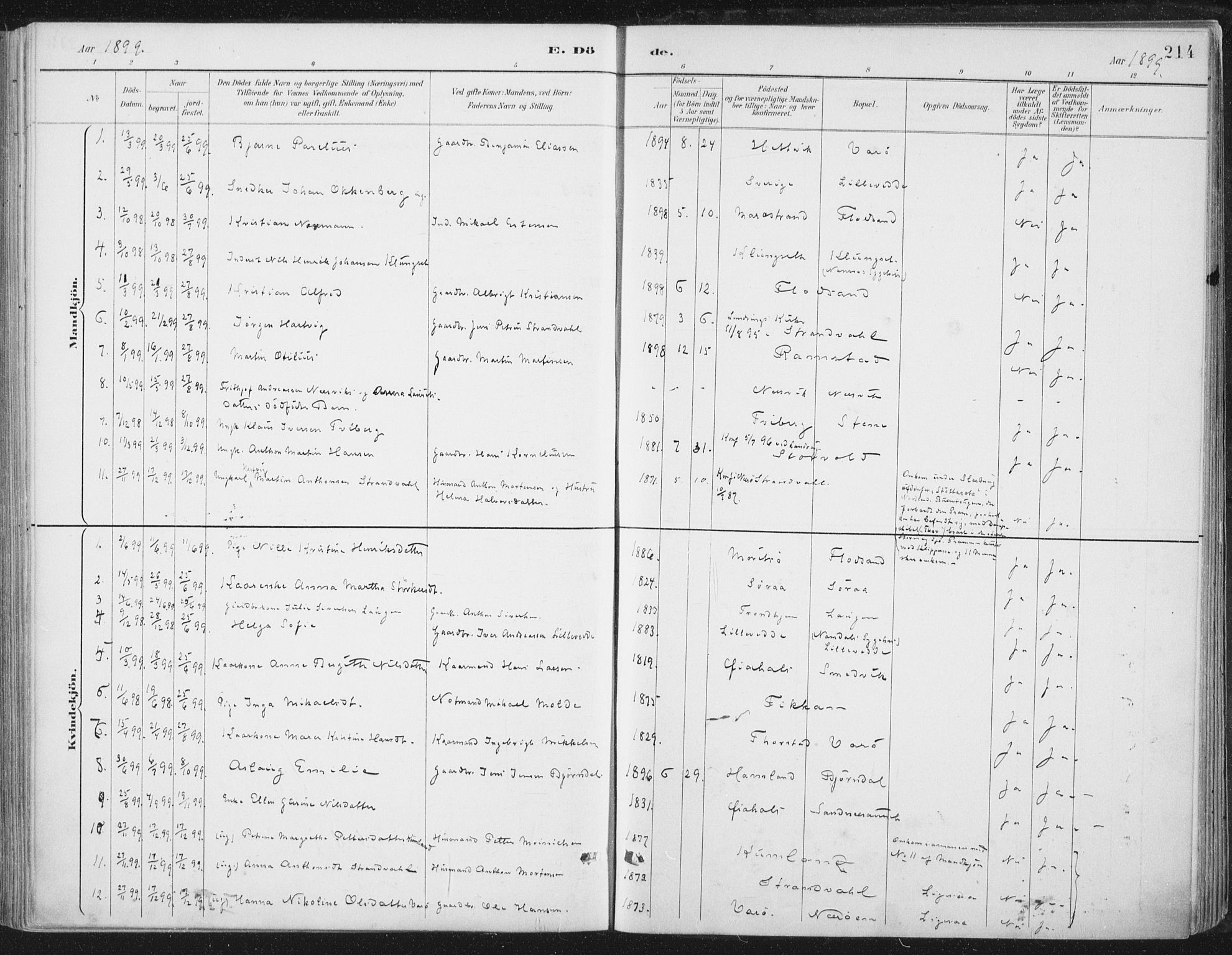 Ministerialprotokoller, klokkerbøker og fødselsregistre - Nord-Trøndelag, SAT/A-1458/784/L0673: Parish register (official) no. 784A08, 1888-1899, p. 214