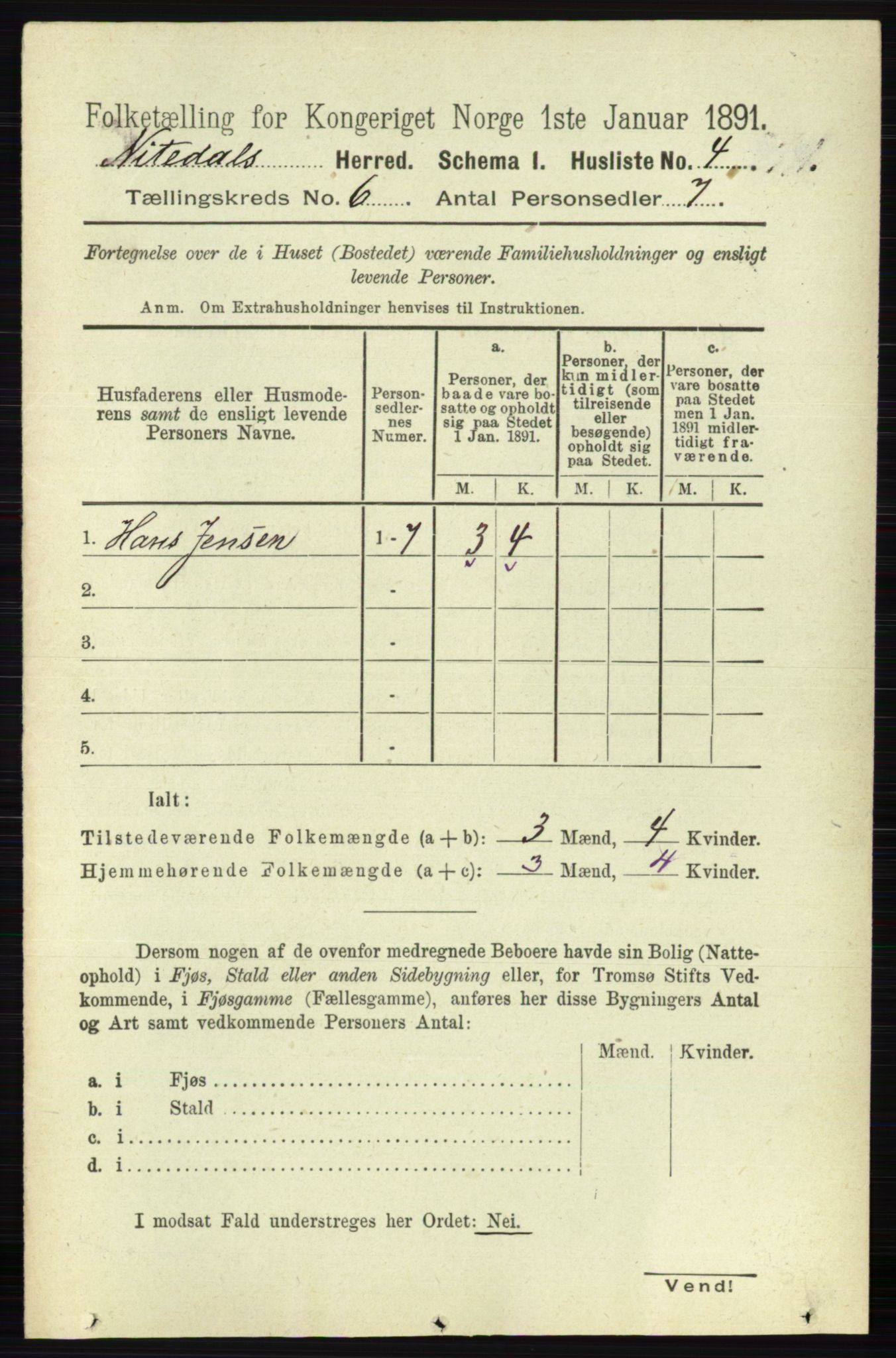 RA, 1891 census for 0233 Nittedal, 1891, p. 2543