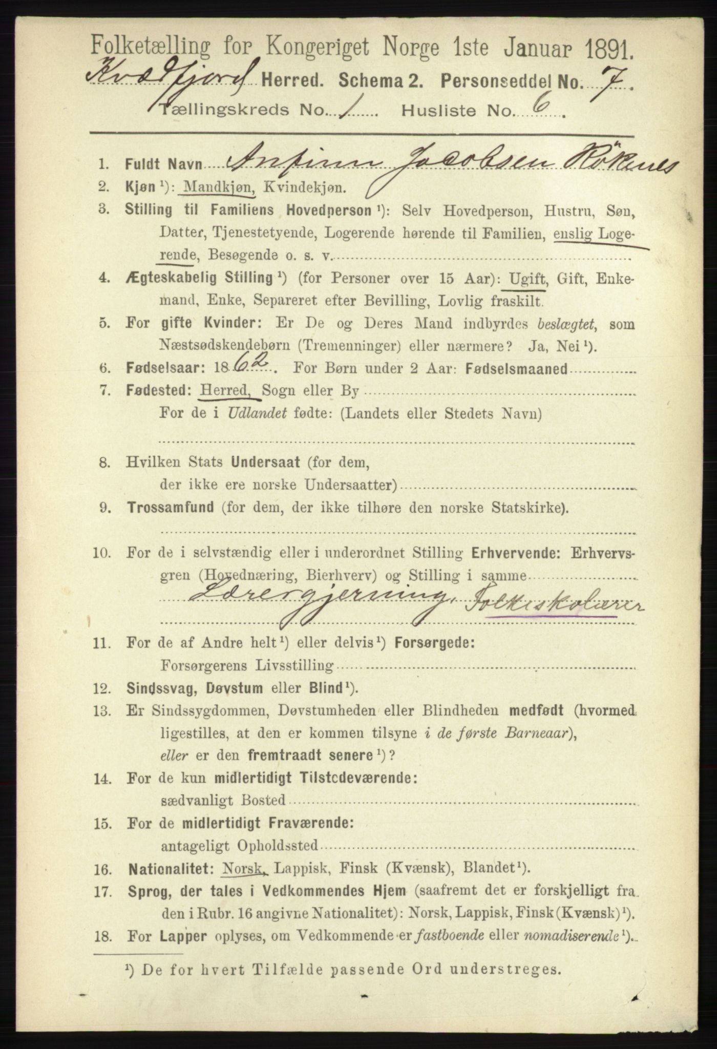 RA, 1891 census for 1911 Kvæfjord, 1891, p. 140