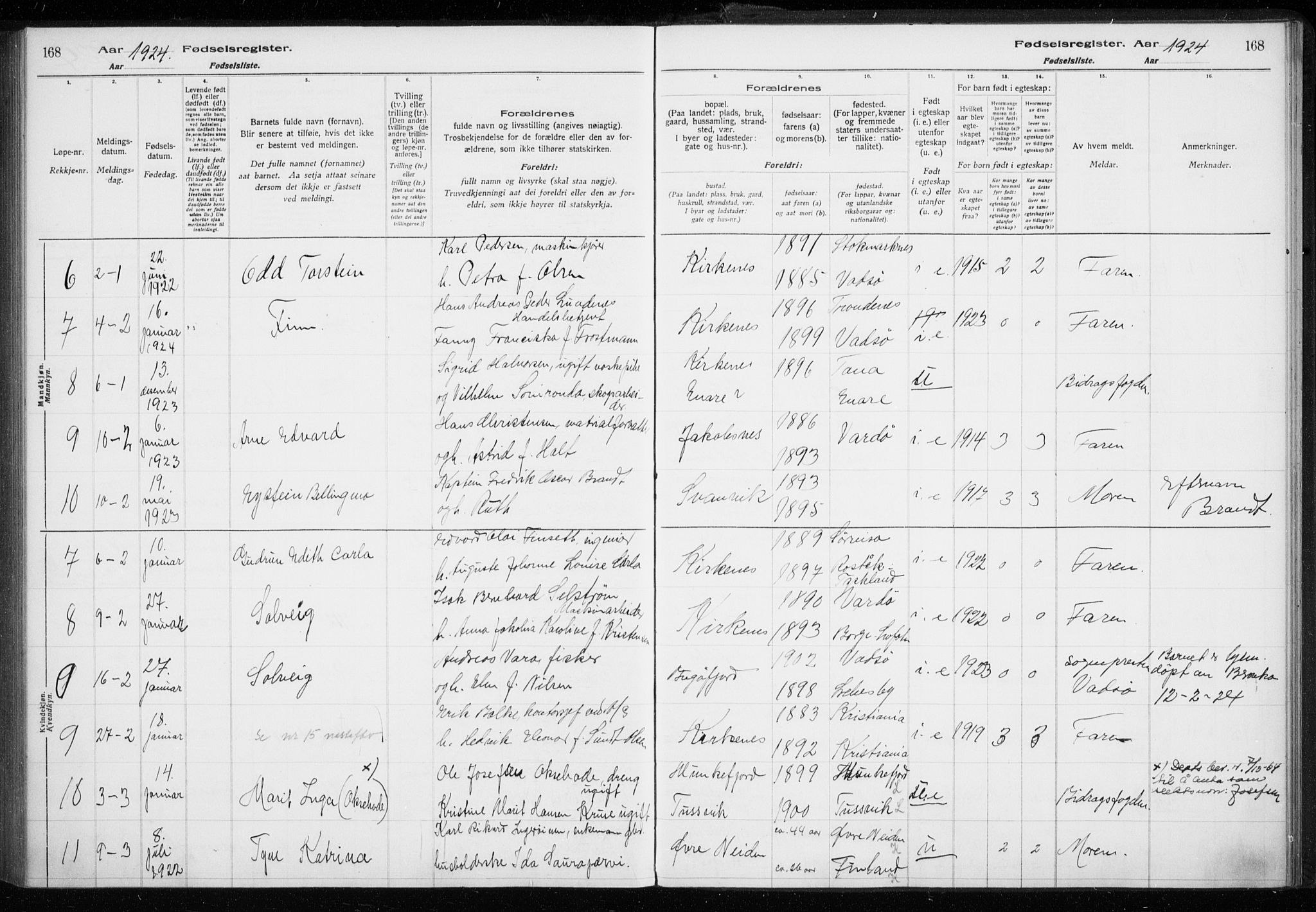 Sør-Varanger sokneprestkontor, AV/SATØ-S-1331/I/Ia/L0016: Birth register no. 16, 1915-1925, p. 168