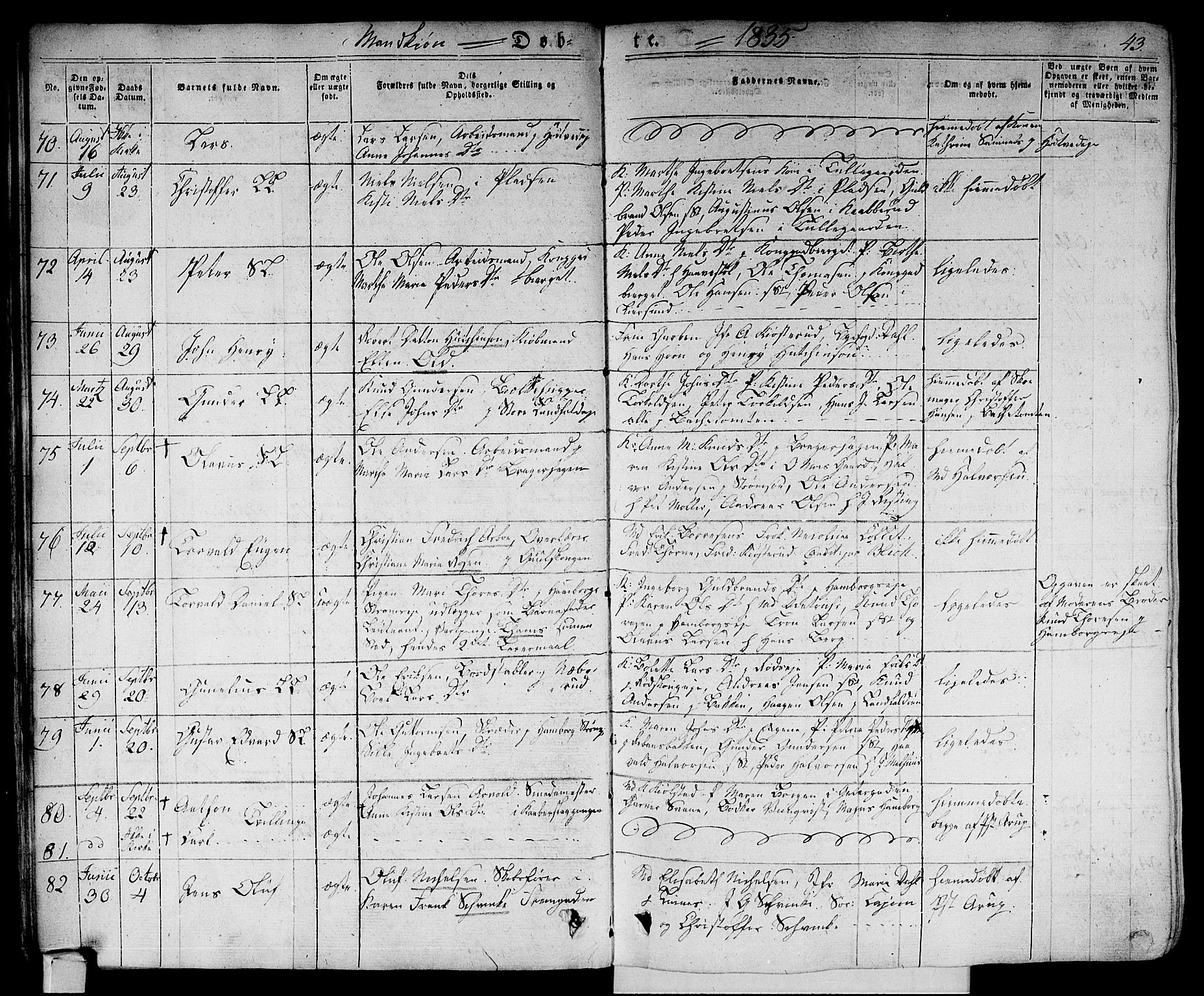 Bragernes kirkebøker, AV/SAKO-A-6/F/Fb/L0001: Parish register (official) no. II 1, 1830-1847, p. 43