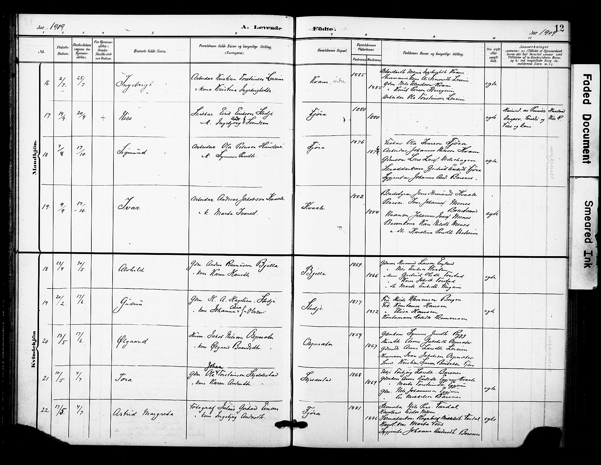 Sogndal sokneprestembete, AV/SAB-A-81301/H/Hab/Haba/L0002: Parish register (copy) no. A 2, 1908-1924, p. 12