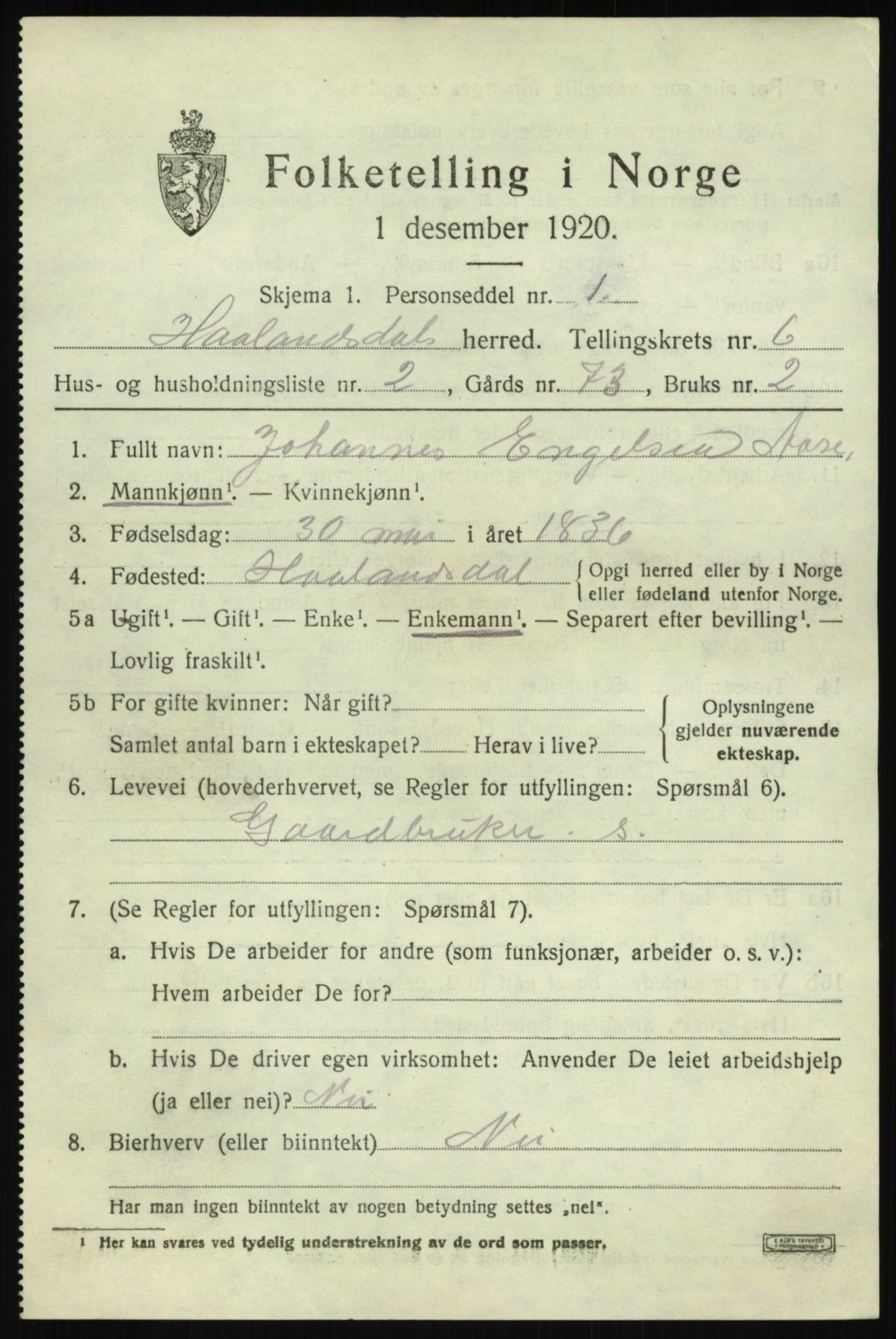 SAB, 1920 census for Hålandsdal, 1920, p. 1258