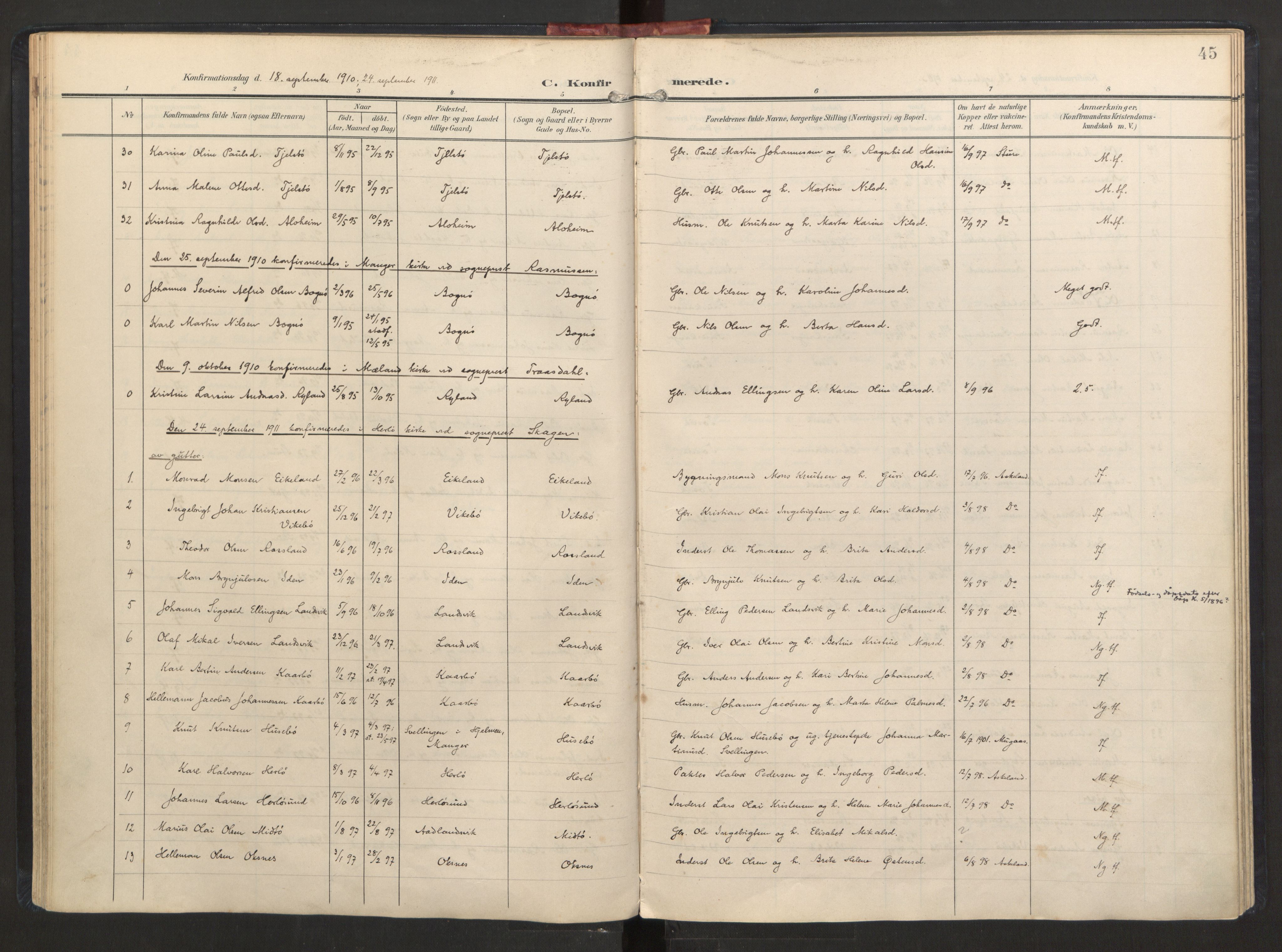 Herdla Sokneprestembete, AV/SAB-A-75701/H/Haa: Parish register (official) no. A 7, 1902-1923, p. 45