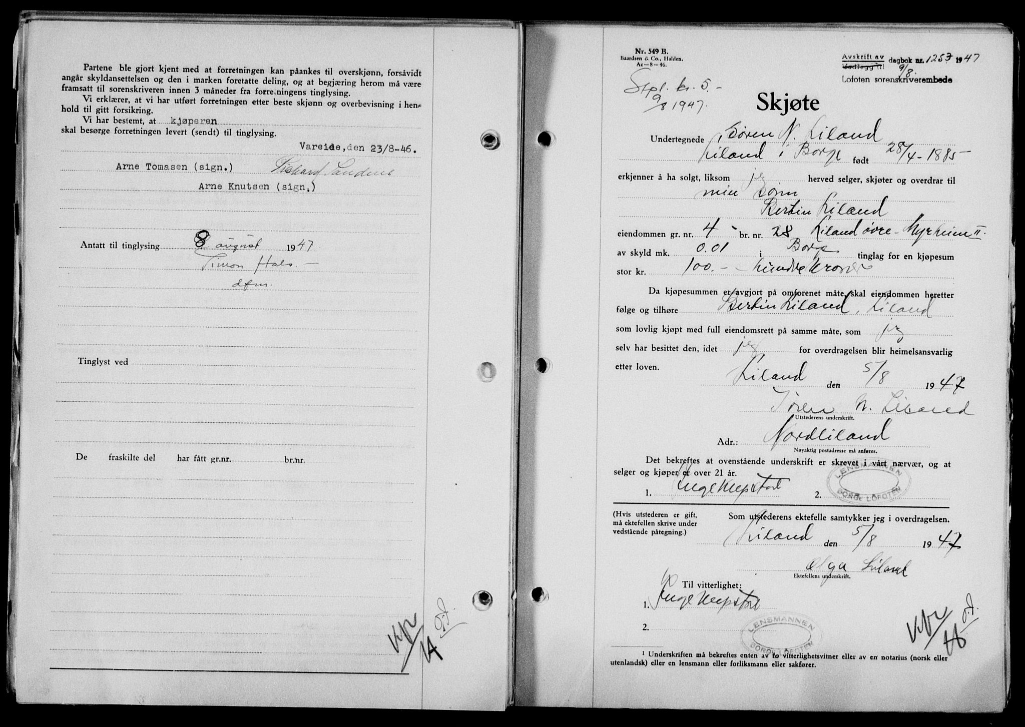 Lofoten sorenskriveri, SAT/A-0017/1/2/2C/L0016a: Mortgage book no. 16a, 1947-1947, Diary no: : 1253/1947