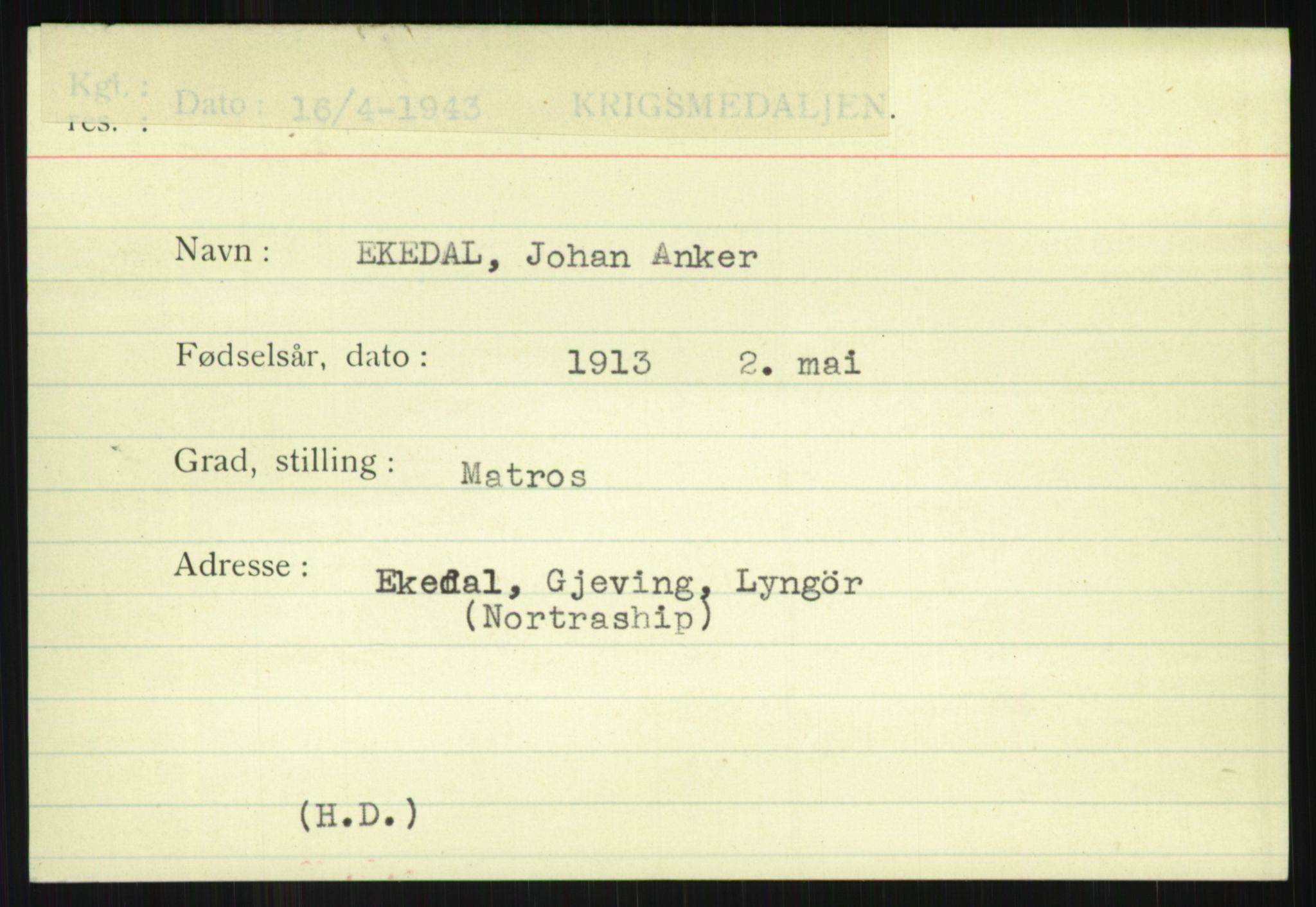 Direktoratet for sjømenn, AV/RA-S-3545/G/Gi/L0005: Kartotek over krigsdekorasjoner tildelt nordmenn under krigen, 1940-1945, p. 3