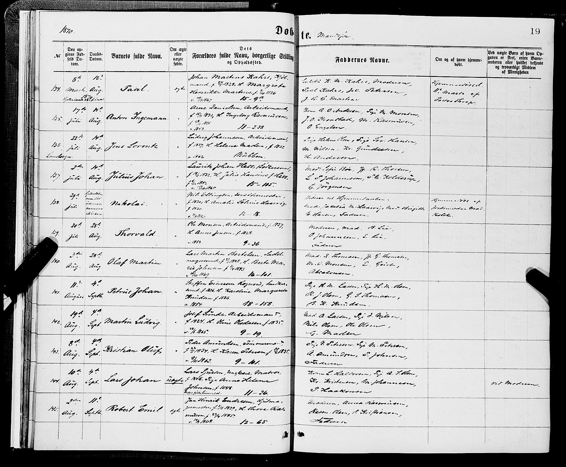 Domkirken sokneprestembete, SAB/A-74801/H/Hab/L0013: Parish register (copy) no. B 6, 1869-1876, p. 19