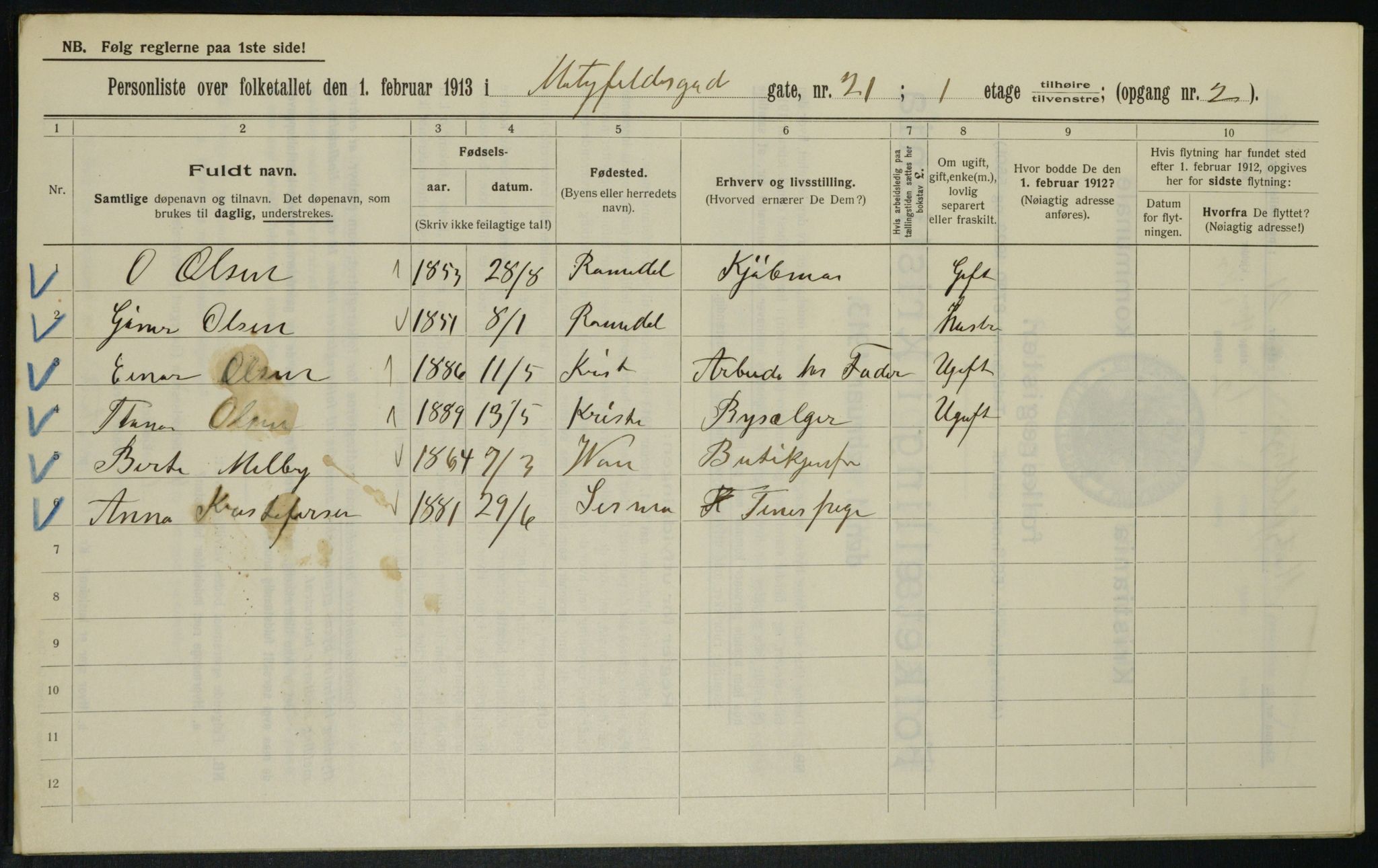 OBA, Municipal Census 1913 for Kristiania, 1913, p. 66199