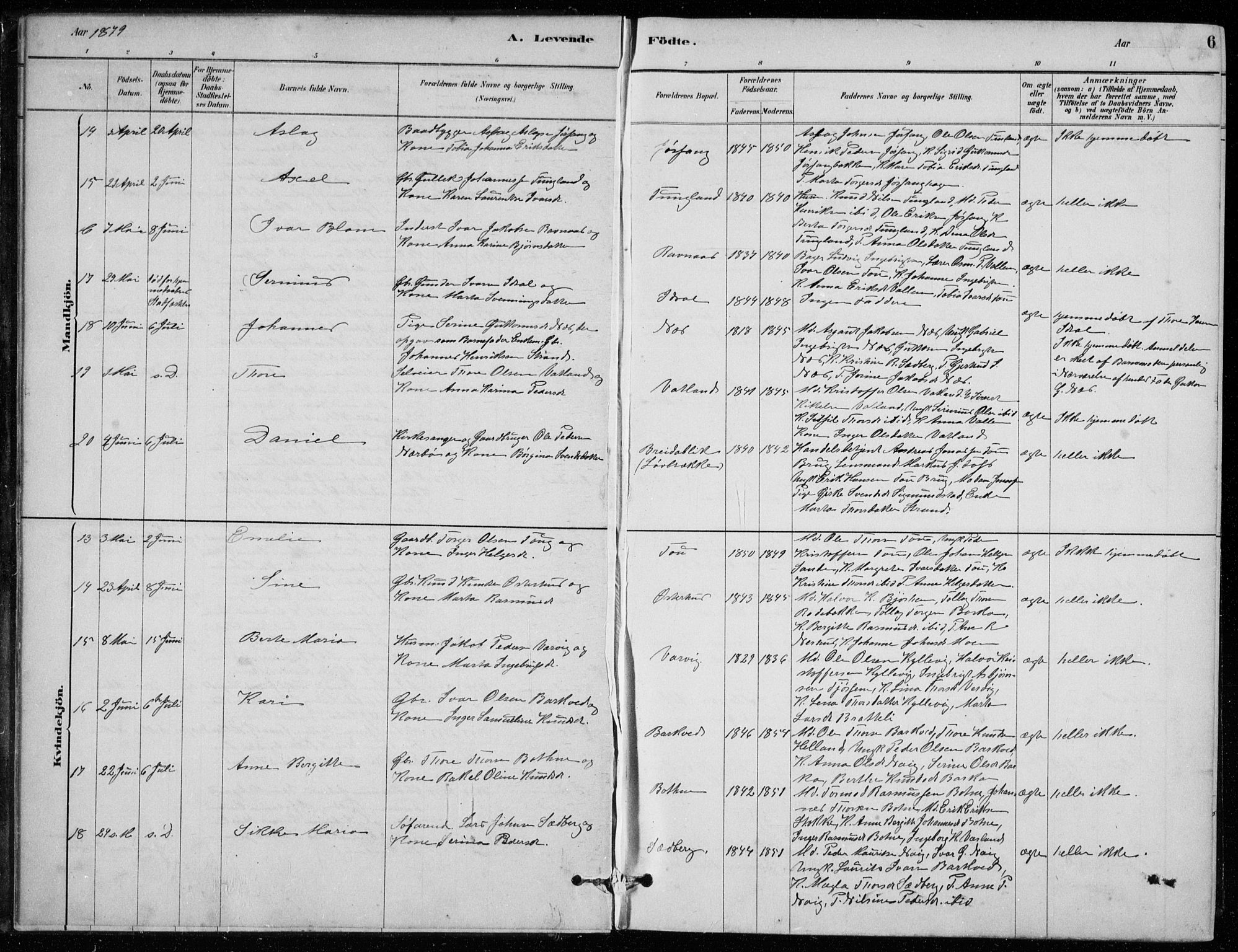 Strand sokneprestkontor, AV/SAST-A-101828/H/Ha/Hab/L0004: Parish register (copy) no. B 4, 1878-1903, p. 6