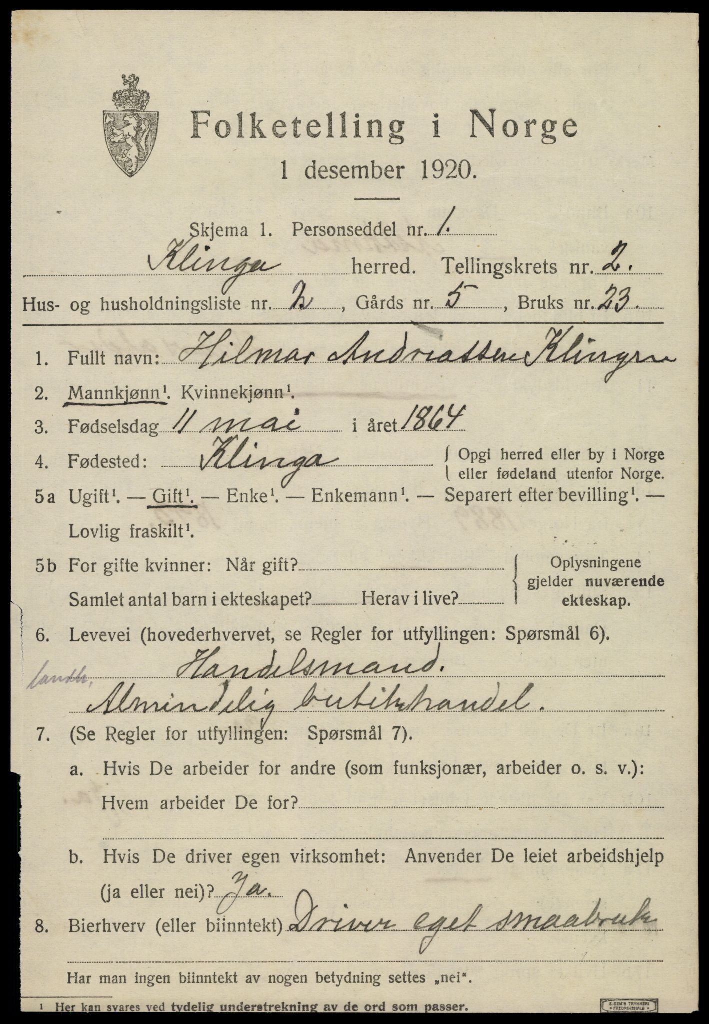 SAT, 1920 census for Klinga, 1920, p. 1405