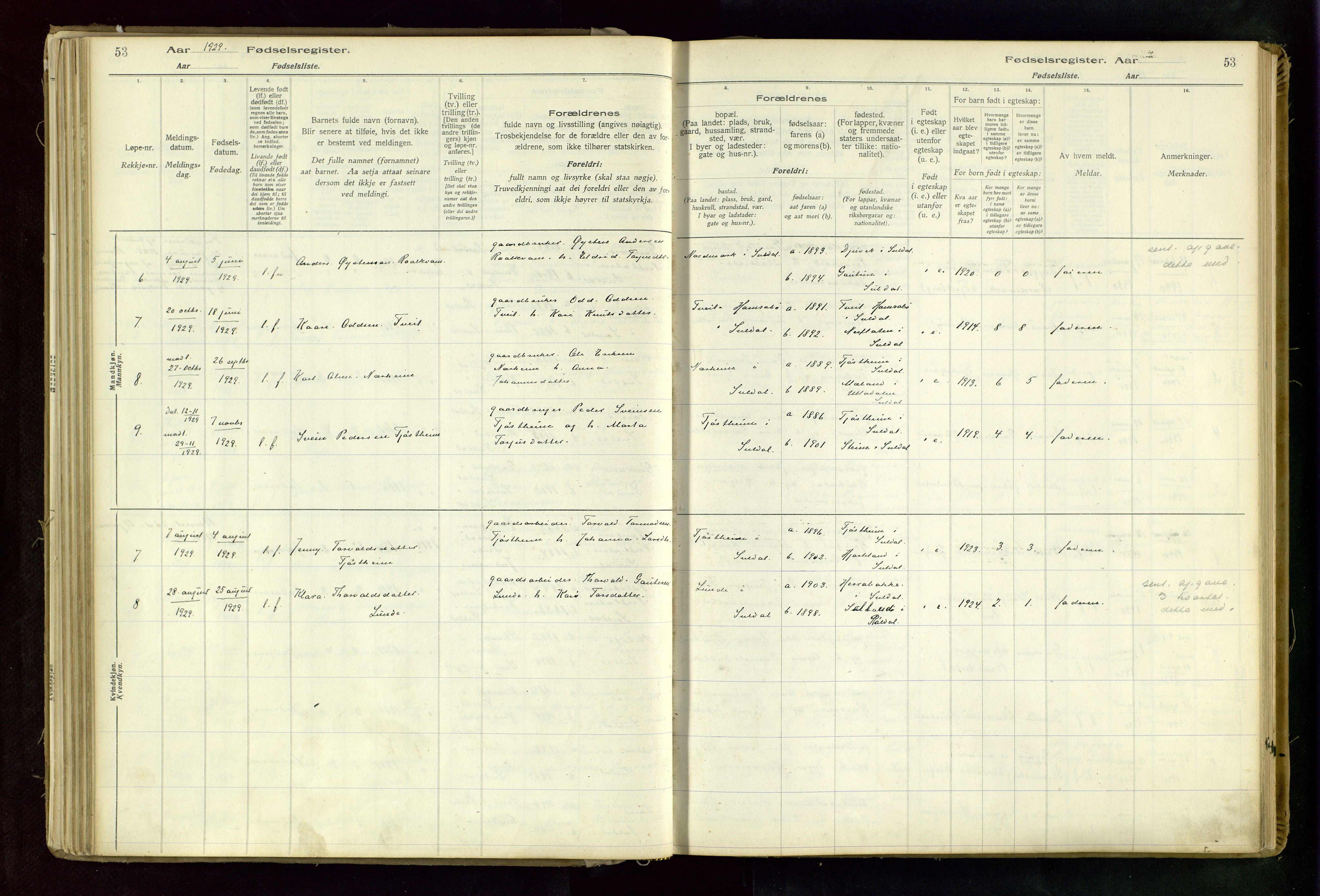 Suldal sokneprestkontor, AV/SAST-A-101845/03/A/L0002: Birth register no. 2, 1916-1982, p. 53