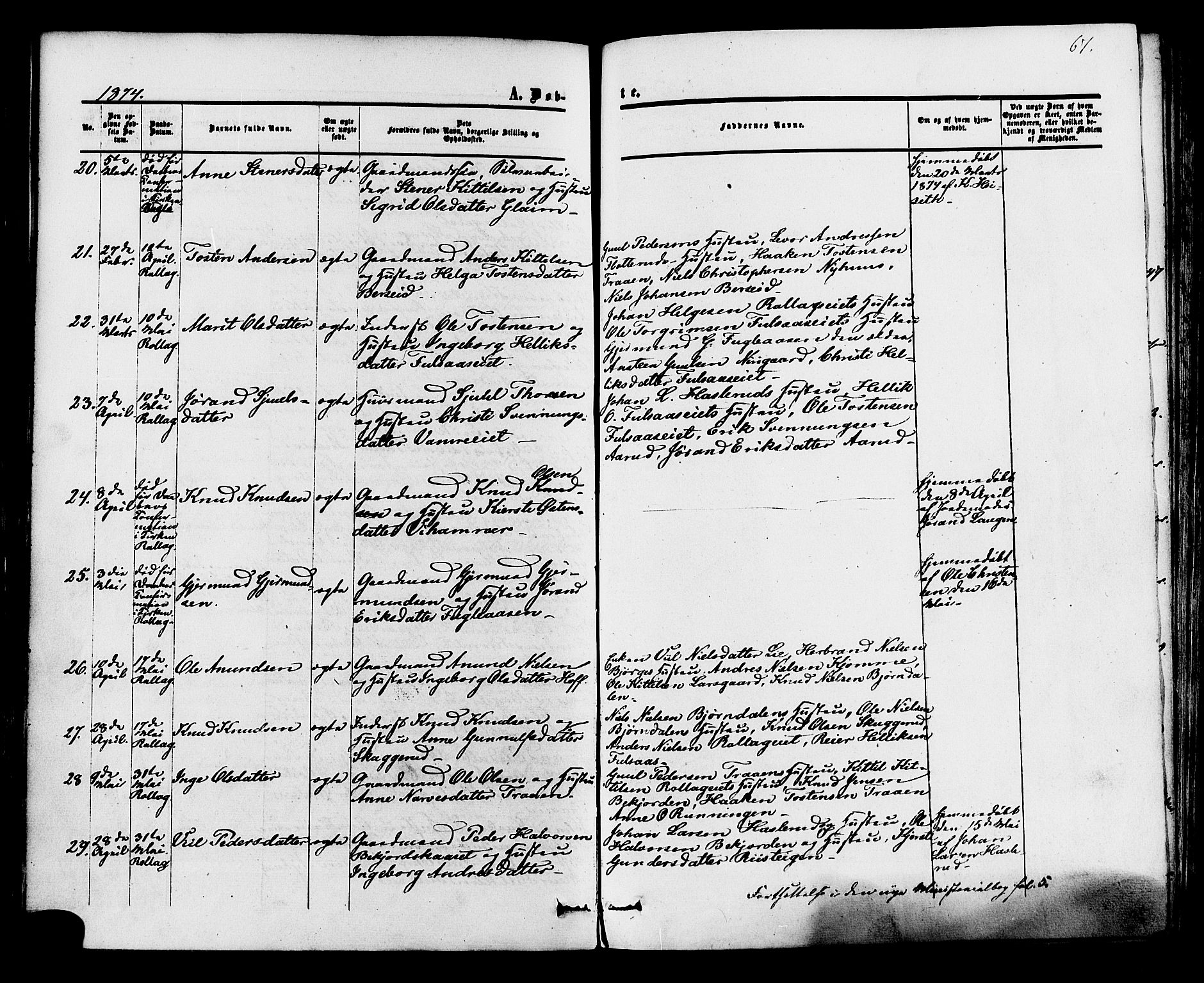 Rollag kirkebøker, AV/SAKO-A-240/F/Fa/L0009: Parish register (official) no. I 9, 1860-1874, p. 67