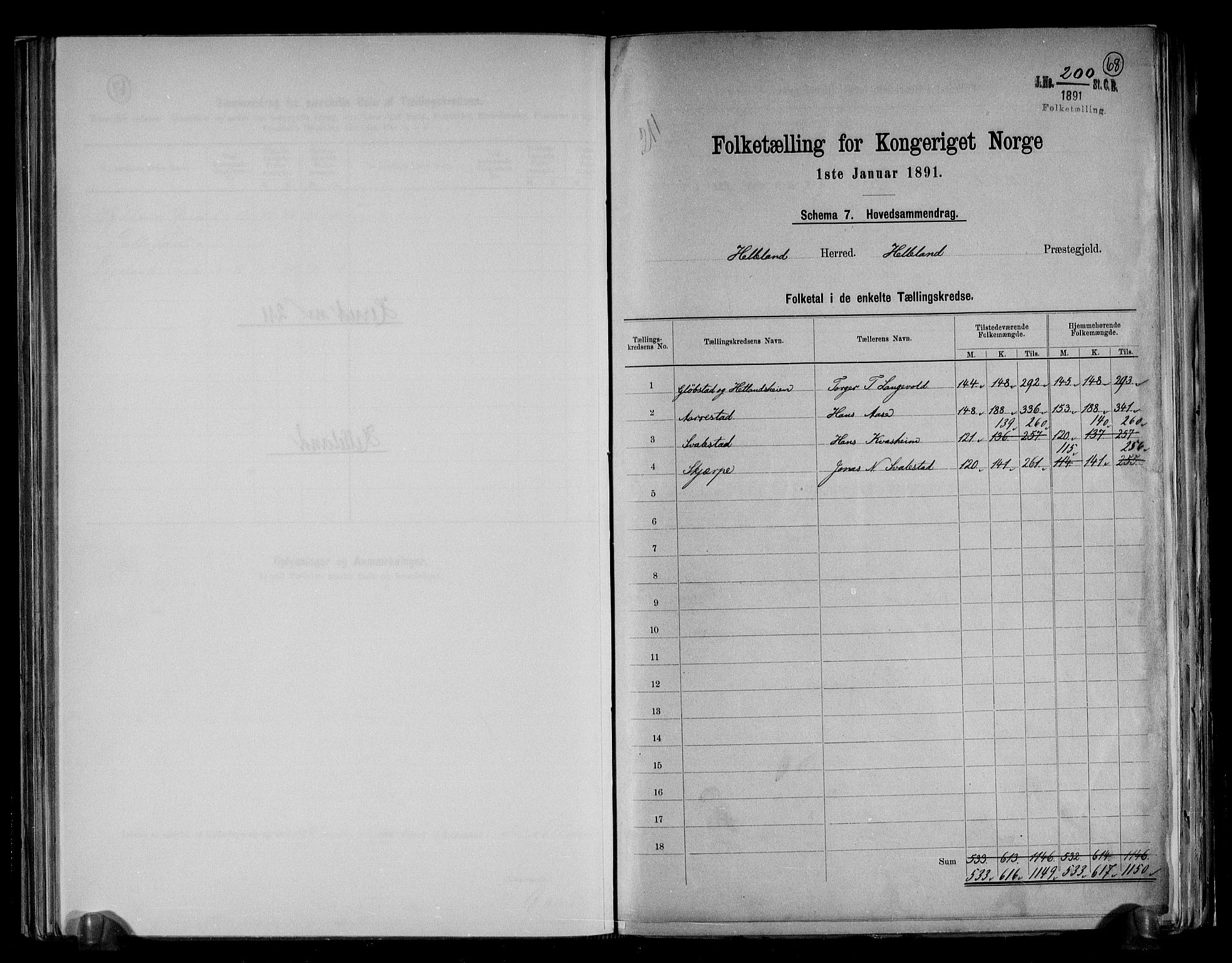 RA, 1891 census for 1115 Helleland, 1891, p. 2