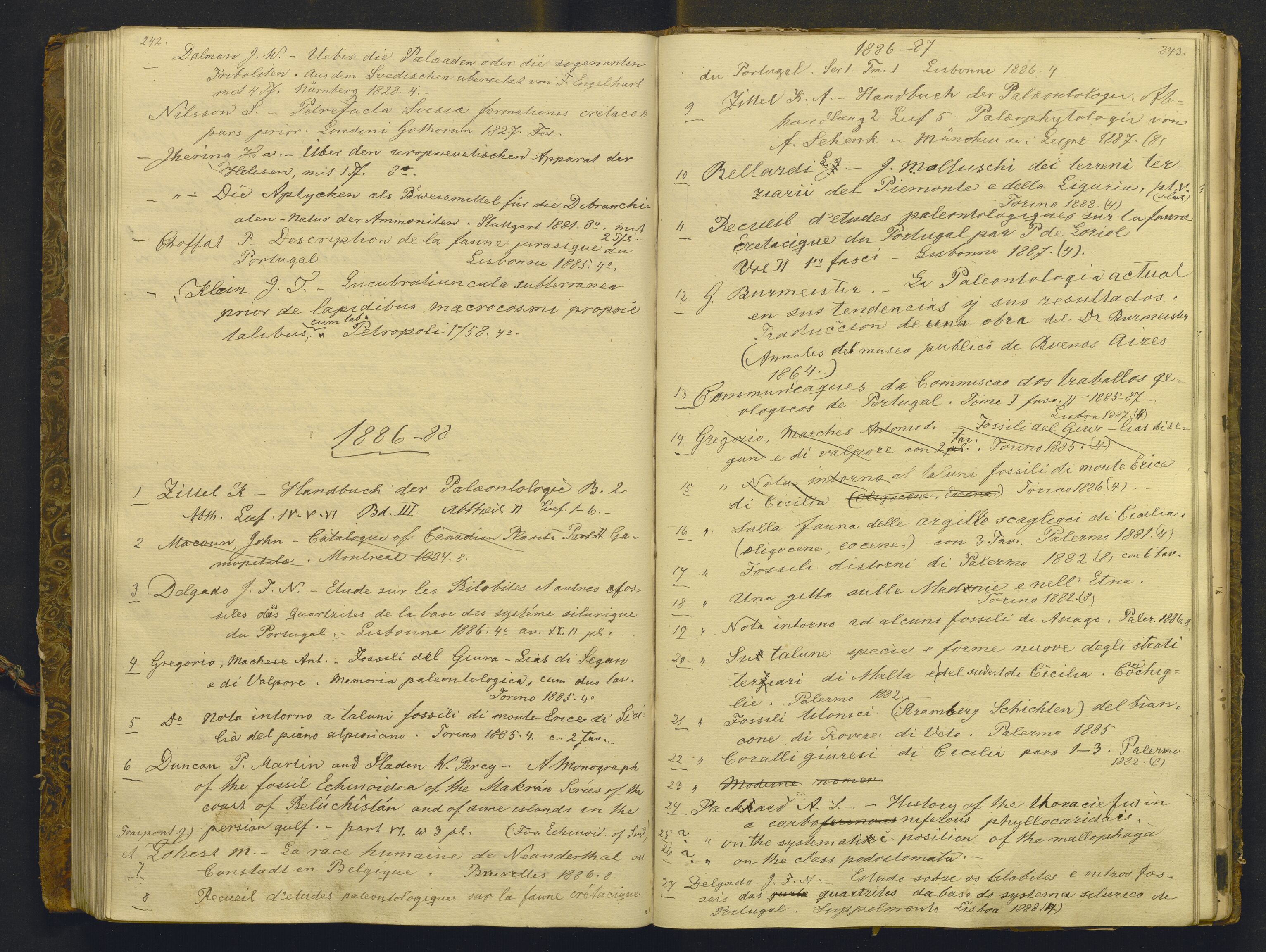 Bergens Museum, AV/SAB-A-17301/05/G/Gc/L0001: Tilleggskatalog til Naturhistorisk avdeling og Fastings bibliotek , 1882-1888, p. 242-243