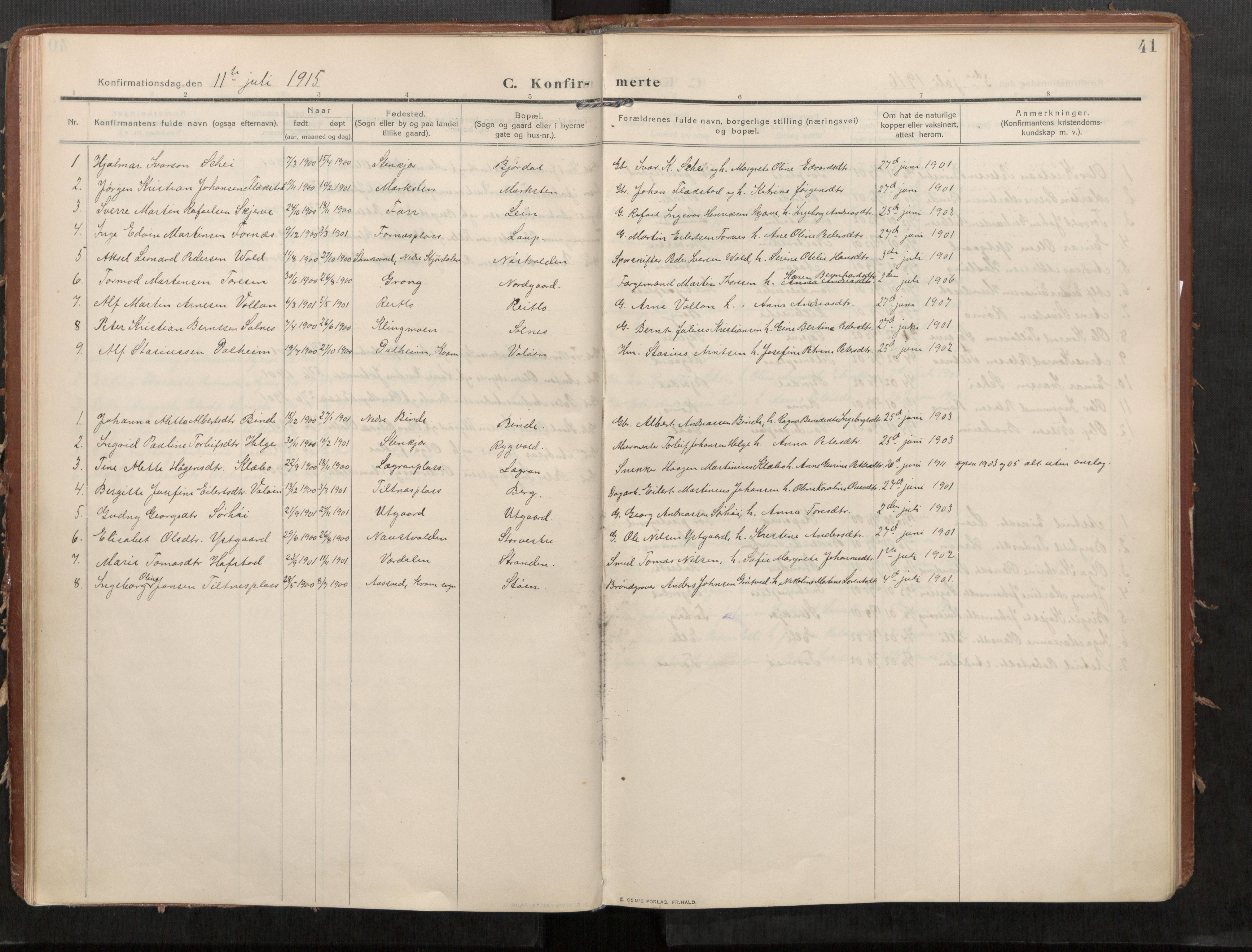 Stod sokneprestkontor, AV/SAT-A-1164/1/I/I1/I1a/L0002: Parish register (official) no. 2, 1909-1922, p. 41