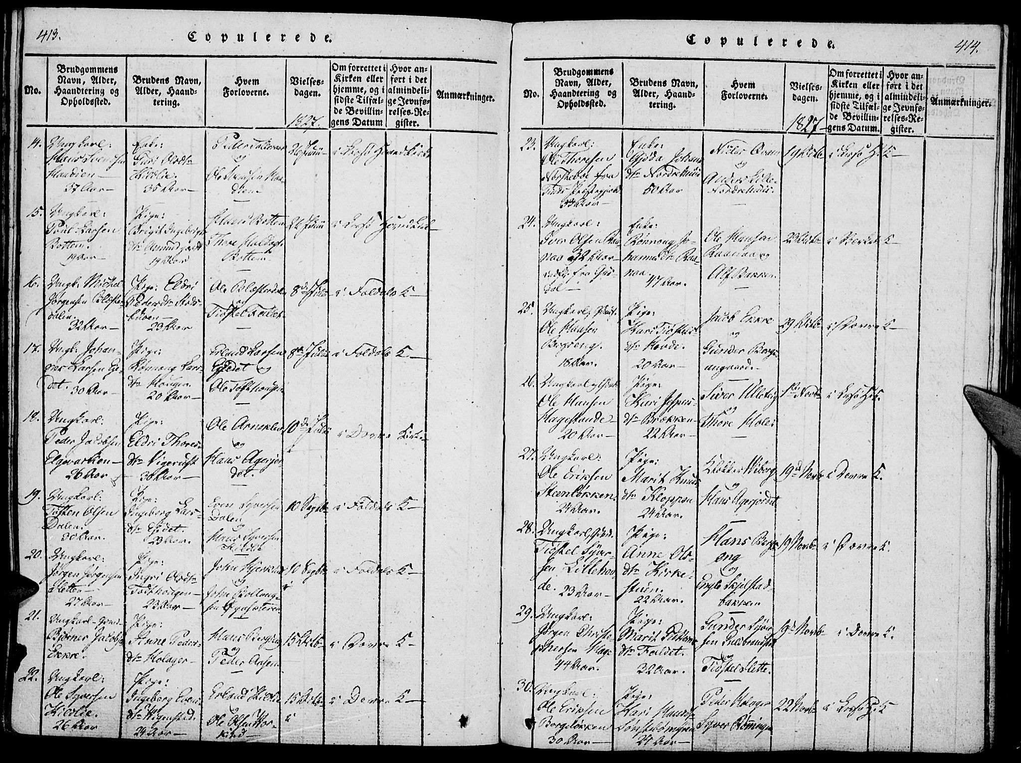 Lesja prestekontor, SAH/PREST-068/H/Ha/Haa/L0004: Parish register (official) no. 4, 1820-1829, p. 413-414