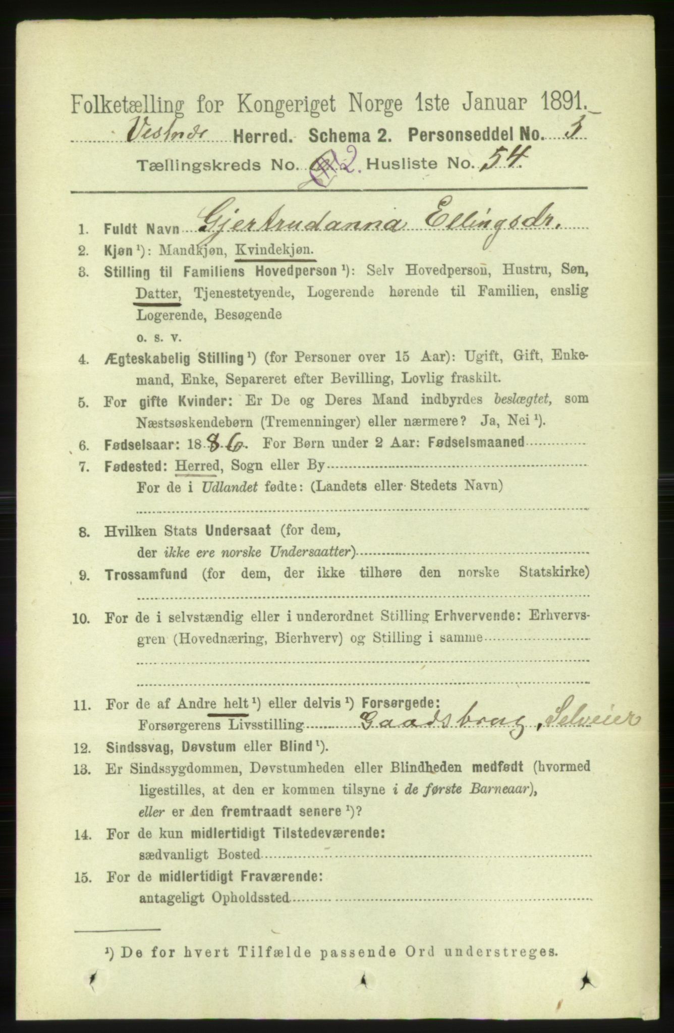 RA, 1891 census for 1535 Vestnes, 1891, p. 458