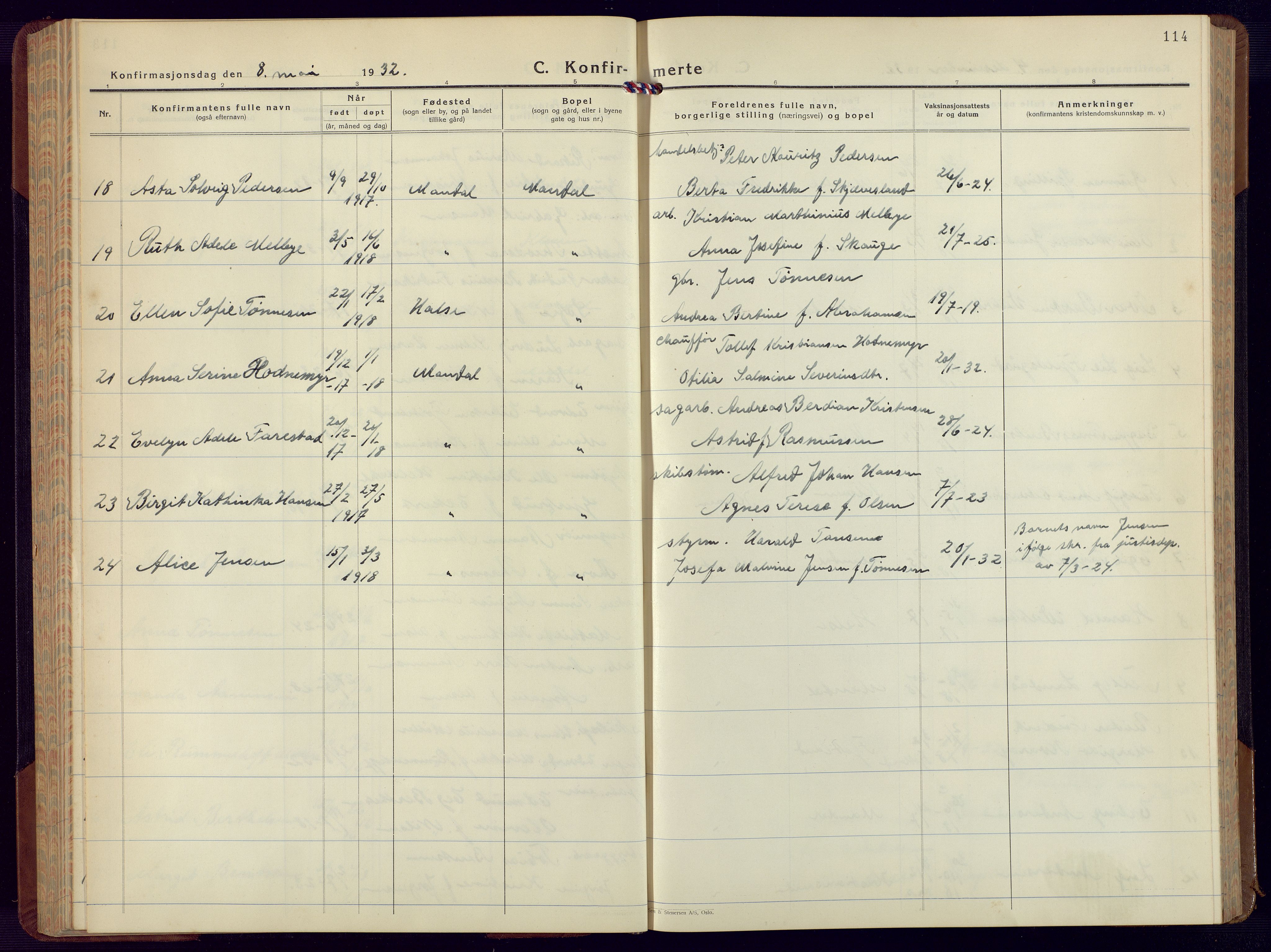 Mandal sokneprestkontor, AV/SAK-1111-0030/F/Fb/Fbc/L0002: Parish register (copy) no. B 2, 1931-1949, p. 114