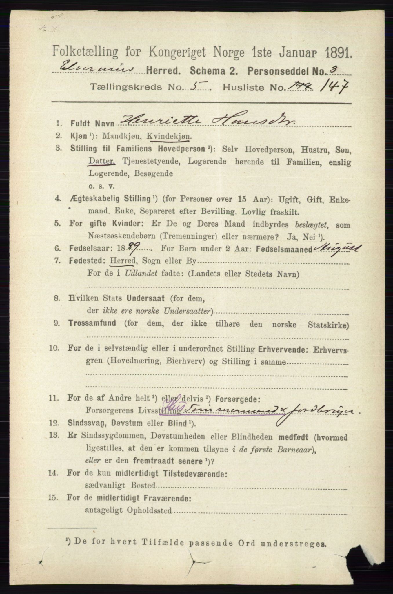 RA, 1891 census for 0427 Elverum, 1891, p. 4150