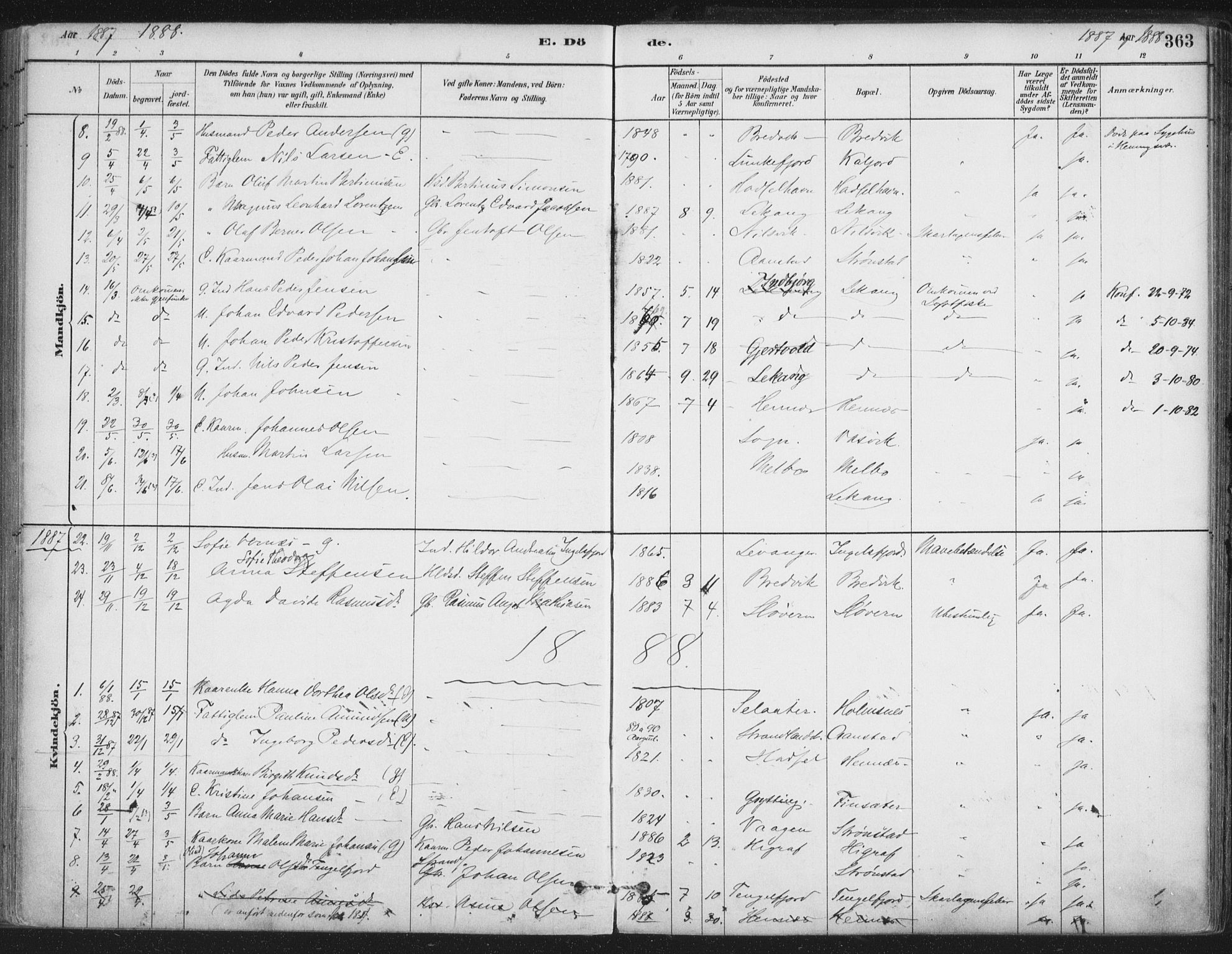 Ministerialprotokoller, klokkerbøker og fødselsregistre - Nordland, AV/SAT-A-1459/888/L1244: Parish register (official) no. 888A10, 1880-1890, p. 363