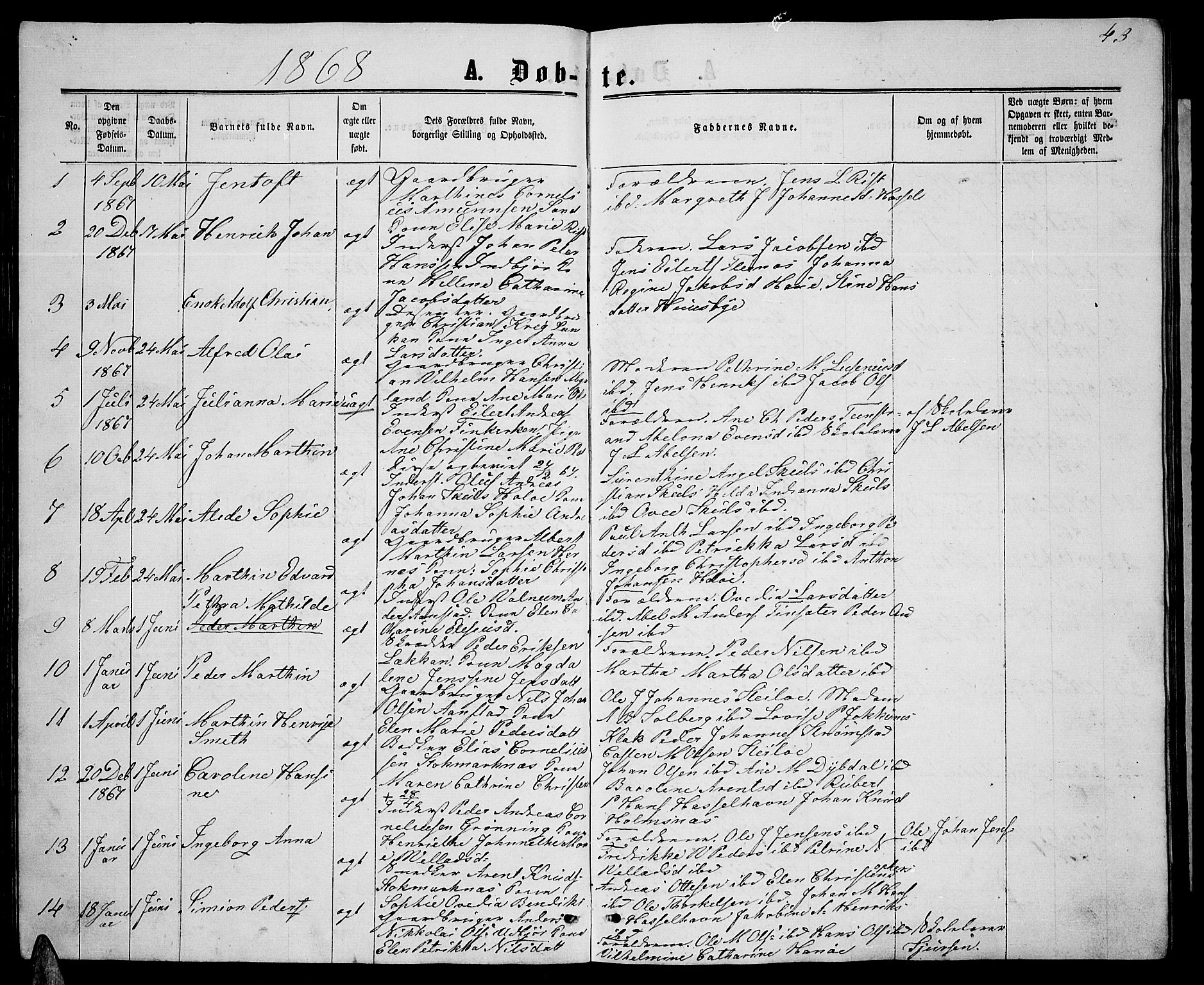 Ministerialprotokoller, klokkerbøker og fødselsregistre - Nordland, AV/SAT-A-1459/888/L1266: Parish register (copy) no. 888C04, 1864-1877, p. 43