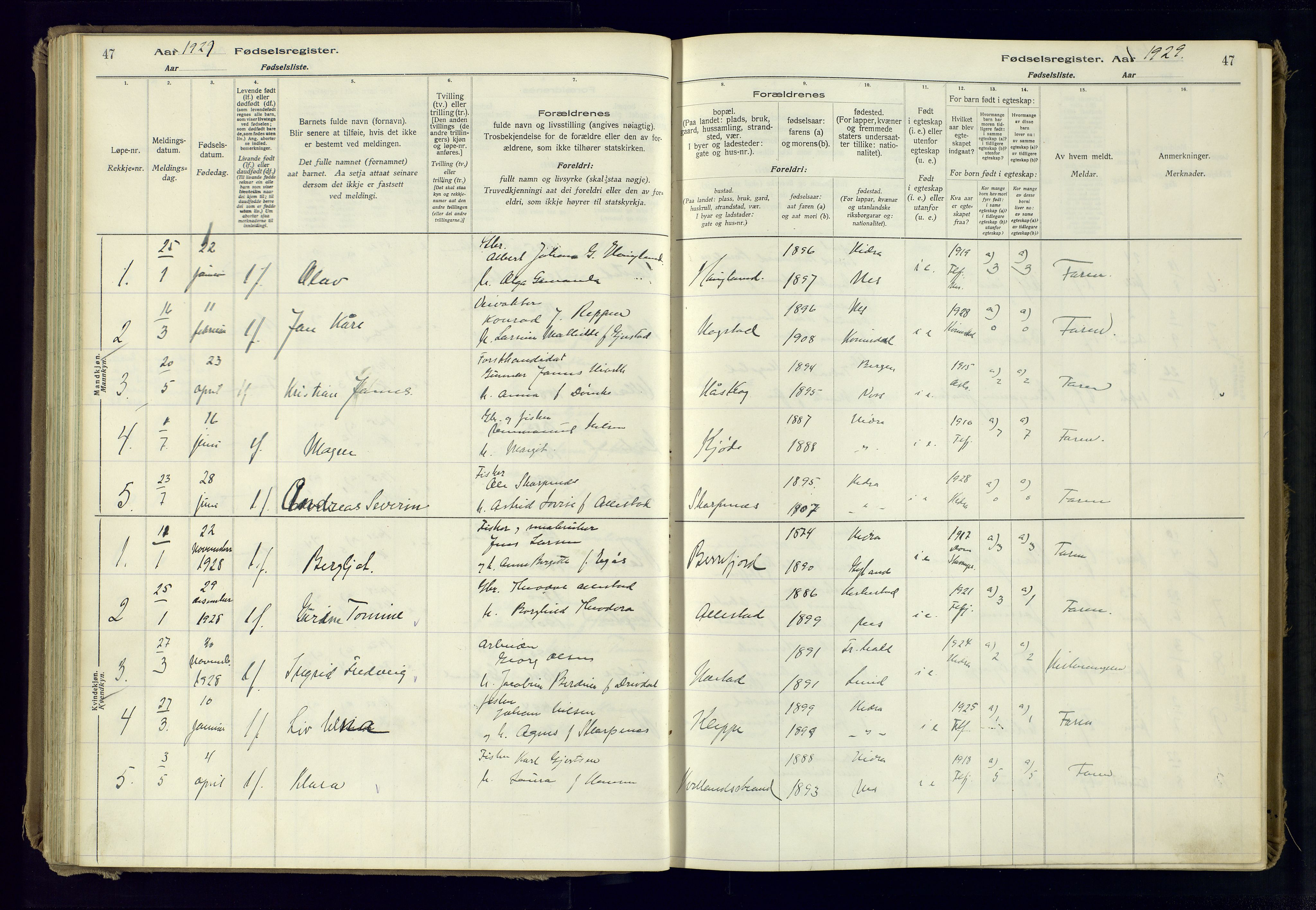 Flekkefjord sokneprestkontor, AV/SAK-1111-0012/J/Ja/L0007: Birth register no. 7, 1916-1982, p. 47