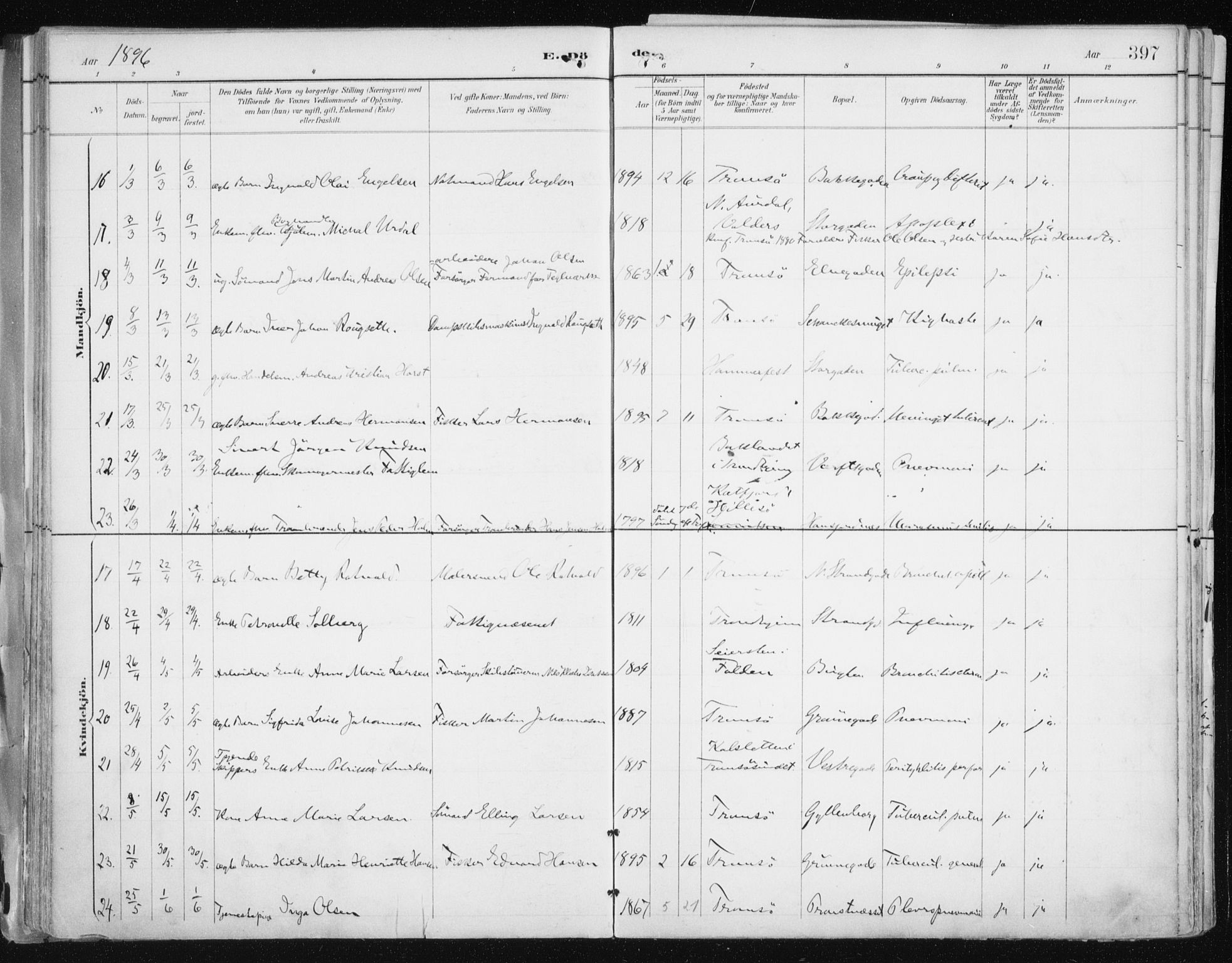 Tromsø sokneprestkontor/stiftsprosti/domprosti, AV/SATØ-S-1343/G/Ga/L0015kirke: Parish register (official) no. 15, 1889-1899, p. 397