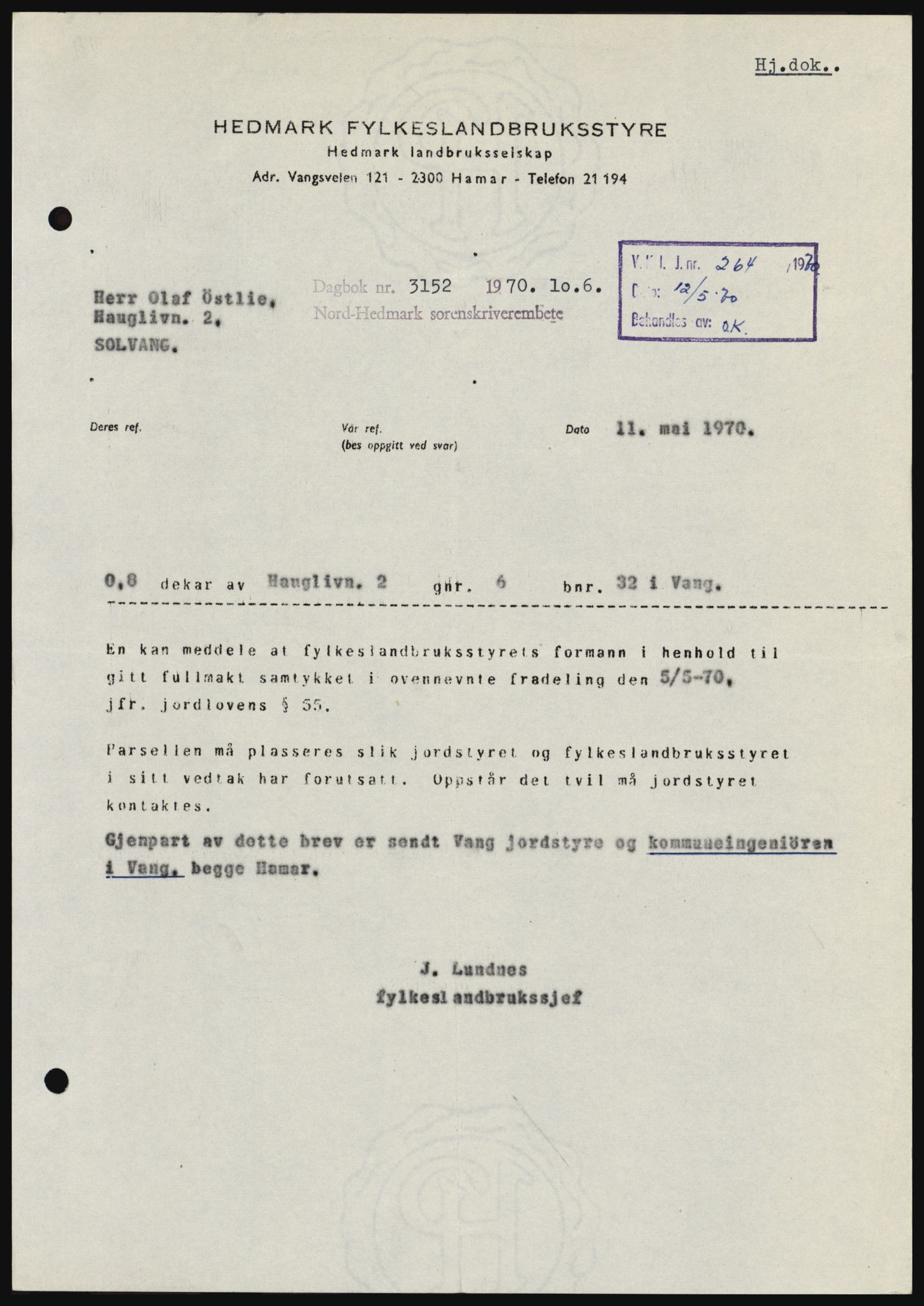 Nord-Hedmark sorenskriveri, SAH/TING-012/H/Hc/L0033: Mortgage book no. 33, 1970-1970, Diary no: : 3152/1970
