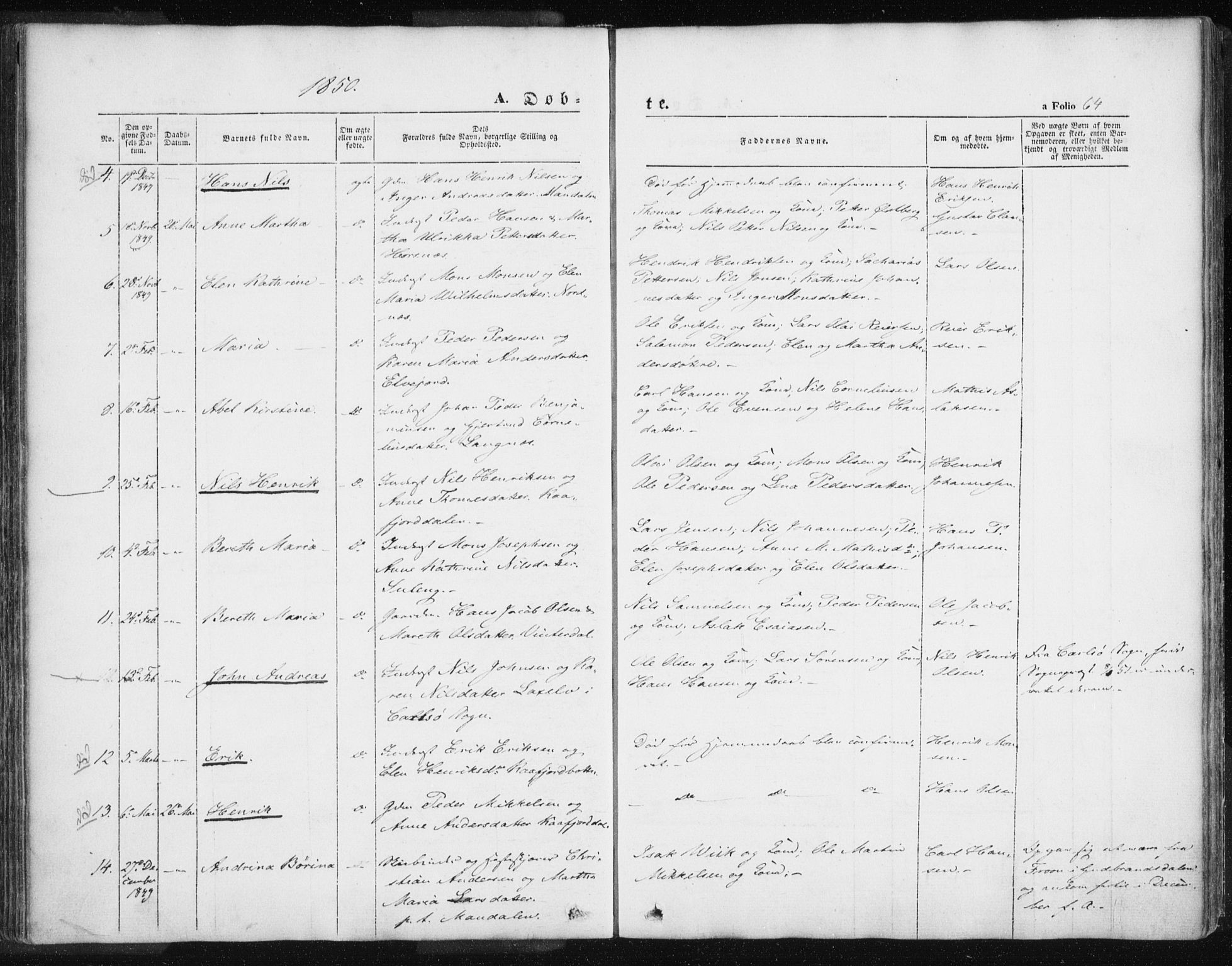 Lyngen sokneprestembete, SATØ/S-1289/H/He/Hea/L0004kirke: Parish register (official) no. 4, 1839-1858, p. 64
