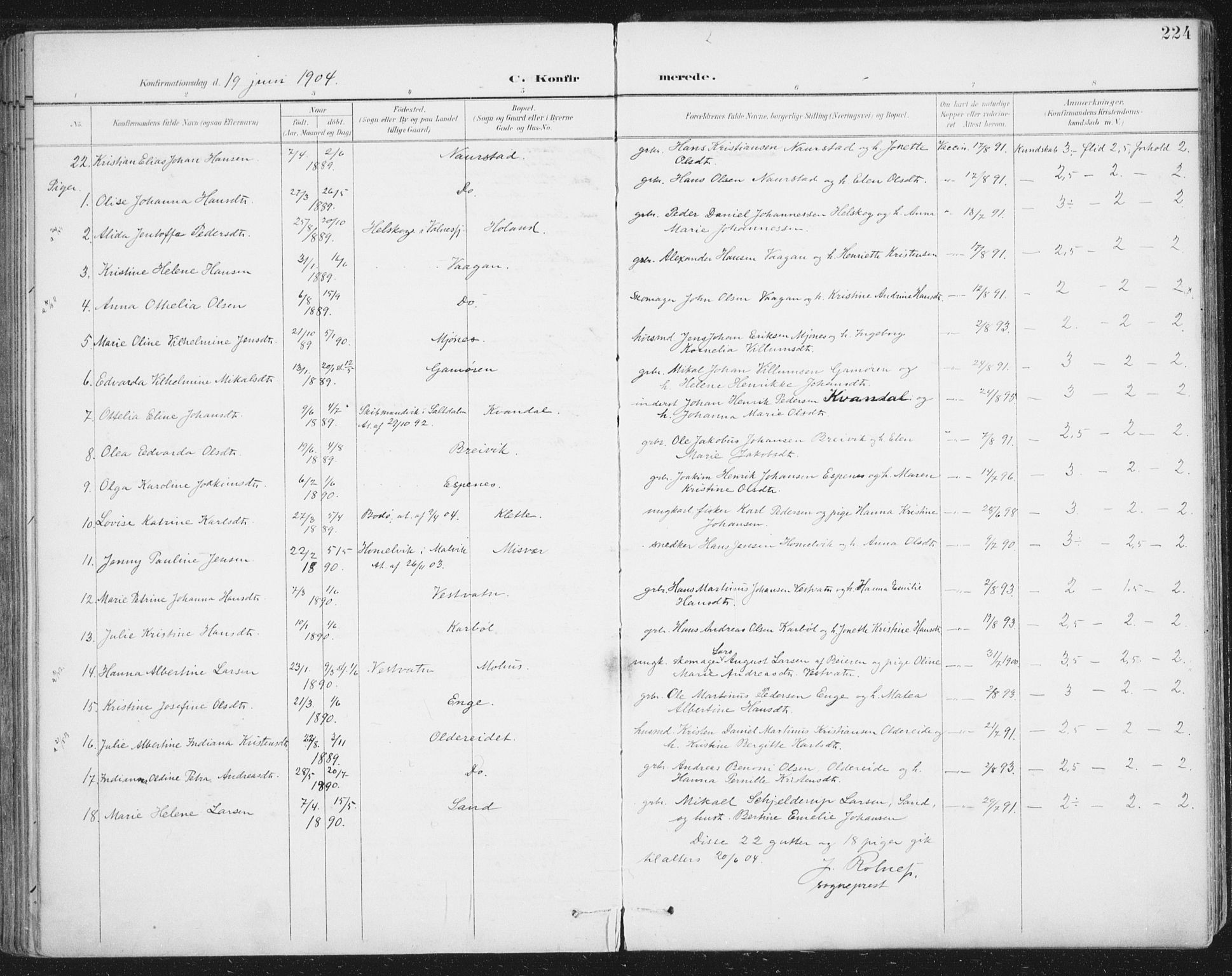 Ministerialprotokoller, klokkerbøker og fødselsregistre - Nordland, AV/SAT-A-1459/852/L0741: Parish register (official) no. 852A11, 1894-1917, p. 224