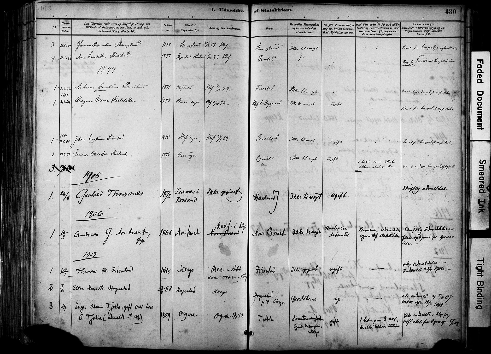 Klepp sokneprestkontor, SAST/A-101803/001/3/30BA/L0009: Parish register (official) no. A 7, 1886-1915, p. 330